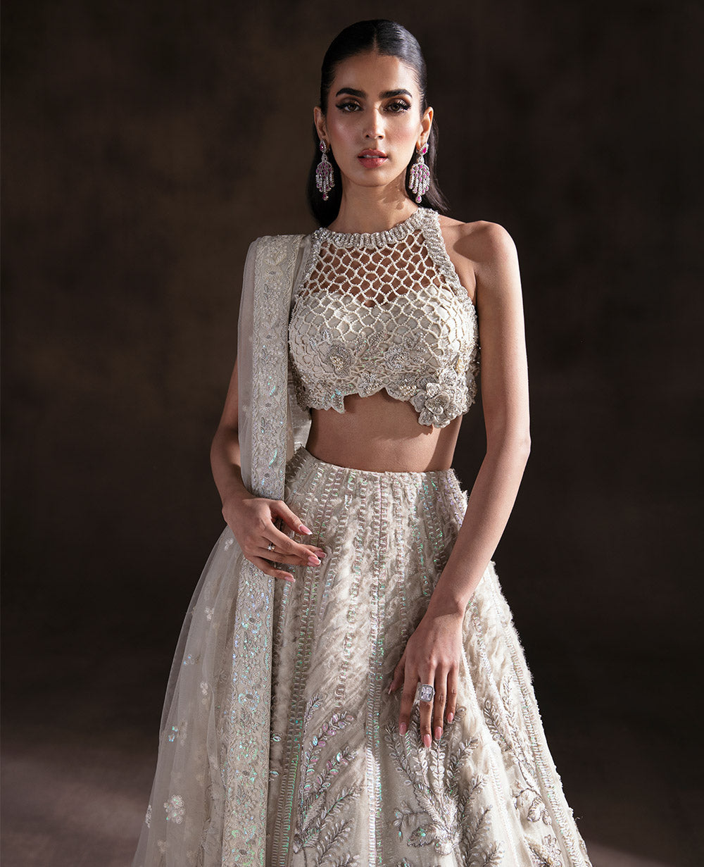 Pakistani Ivory Embellished Net Lehenga Set (3-Piece) - Image 4