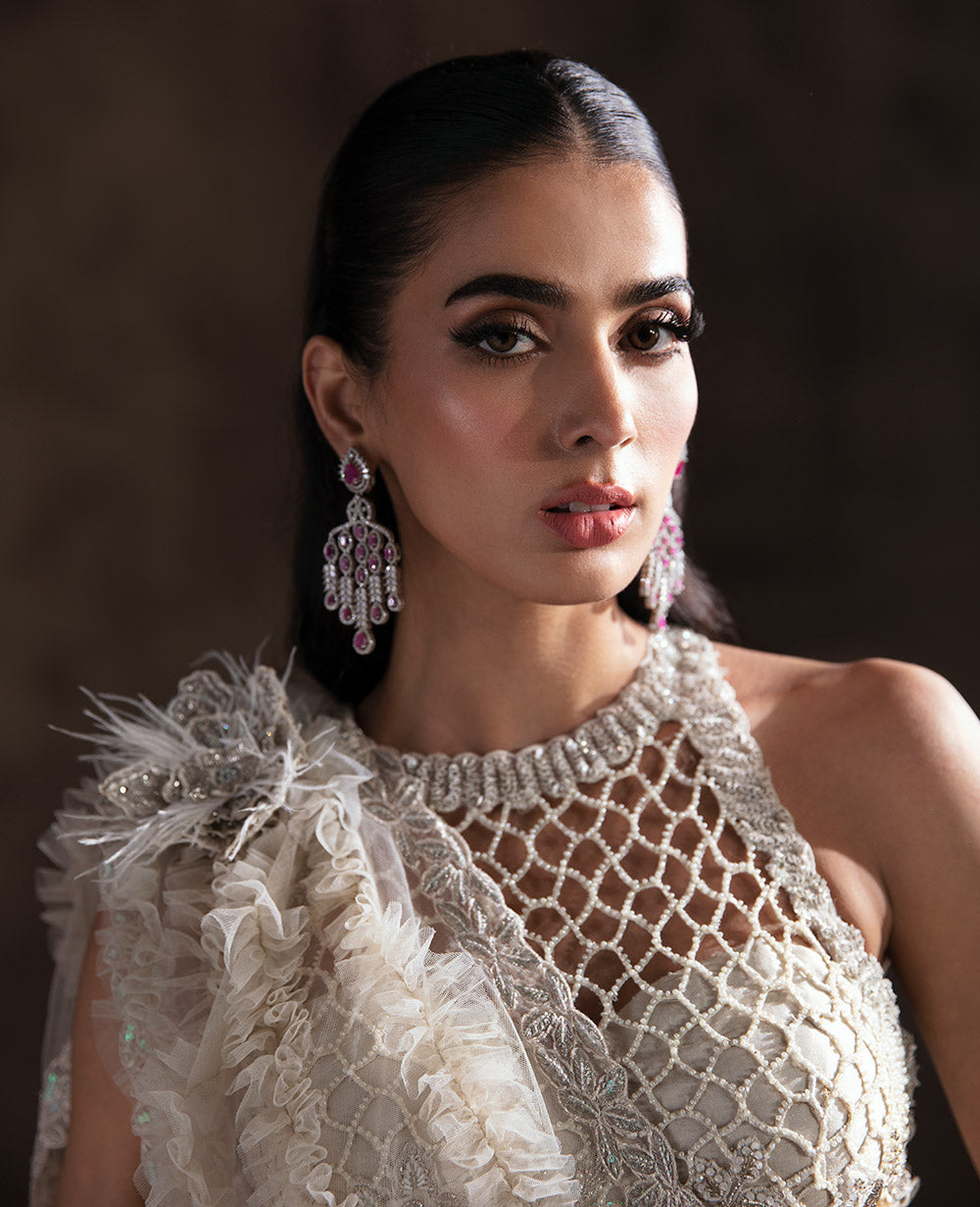 Pakistani Ivory Embellished Net Lehenga Set (3-Piece) - Image 6