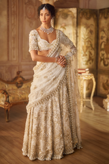 Indian Ivory Gold Embroidered Net Lehenga Saree (3-Piece) - Image 2