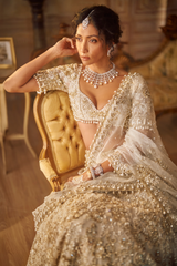 Indian Ivory Gold Embroidered Net Lehenga Saree (3-Piece) - Image 3