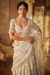 Indian Ivory Gold Embroidered Net Lehenga Saree (3-Piece) - Image 4