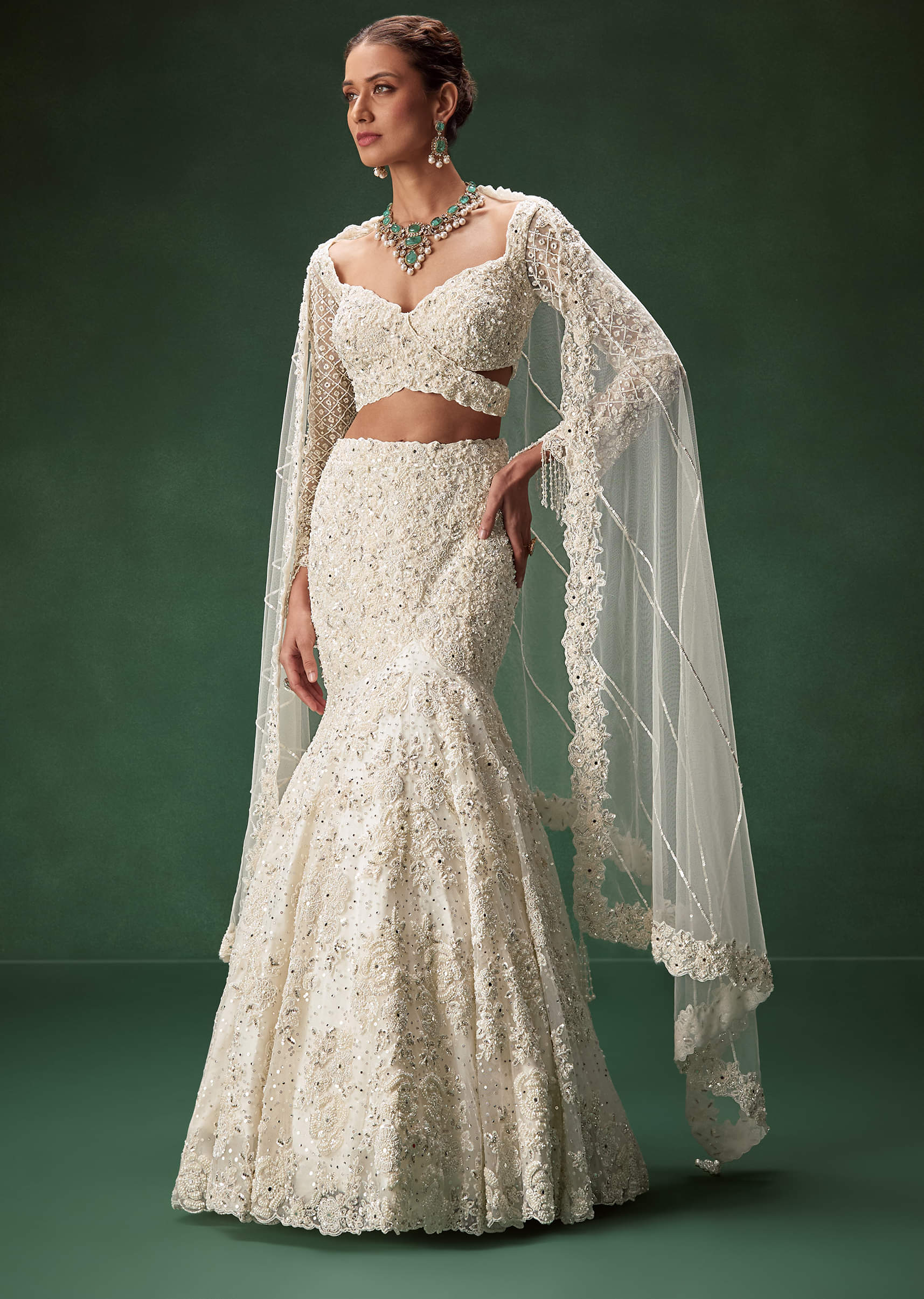 Ivory Embellished Net Mermaid Bridal Lehenga (3-Piece) - Image 1
