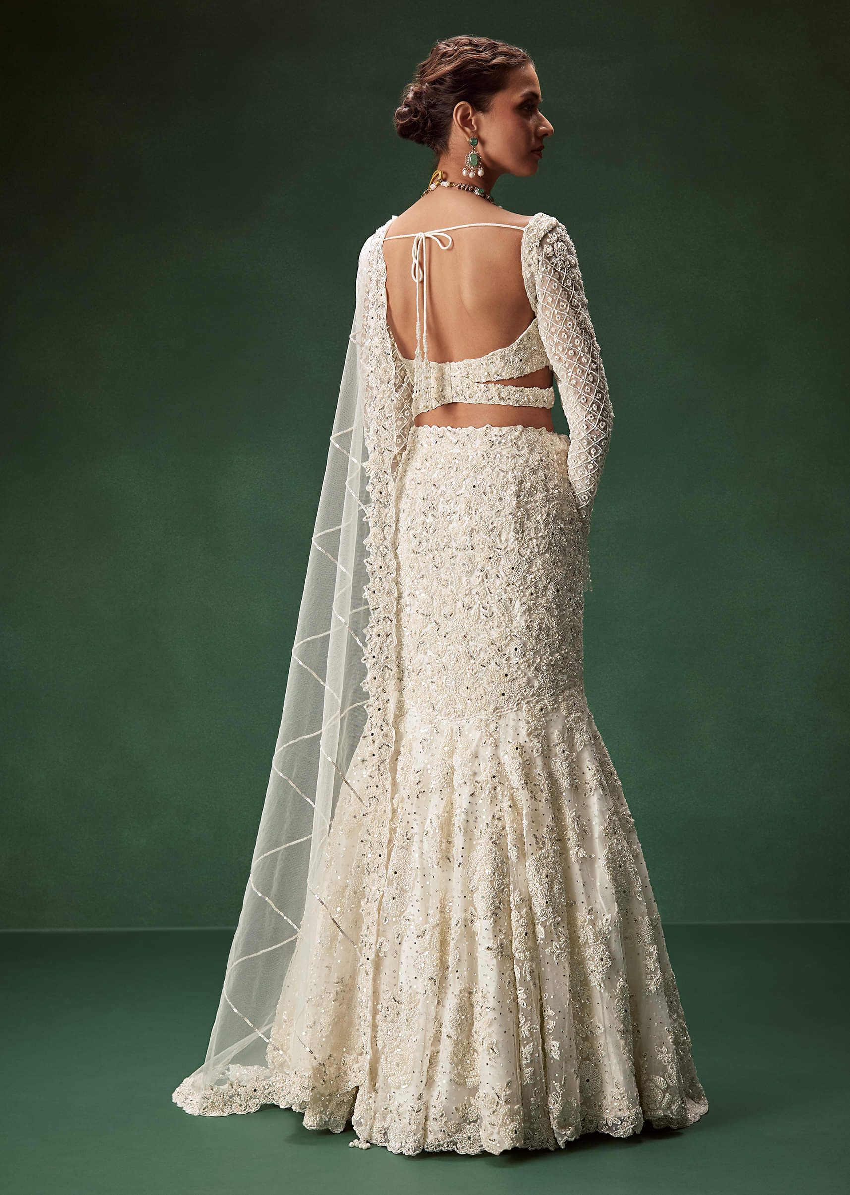 Ivory Embellished Net Mermaid Bridal Lehenga (3-Piece) - Image 2