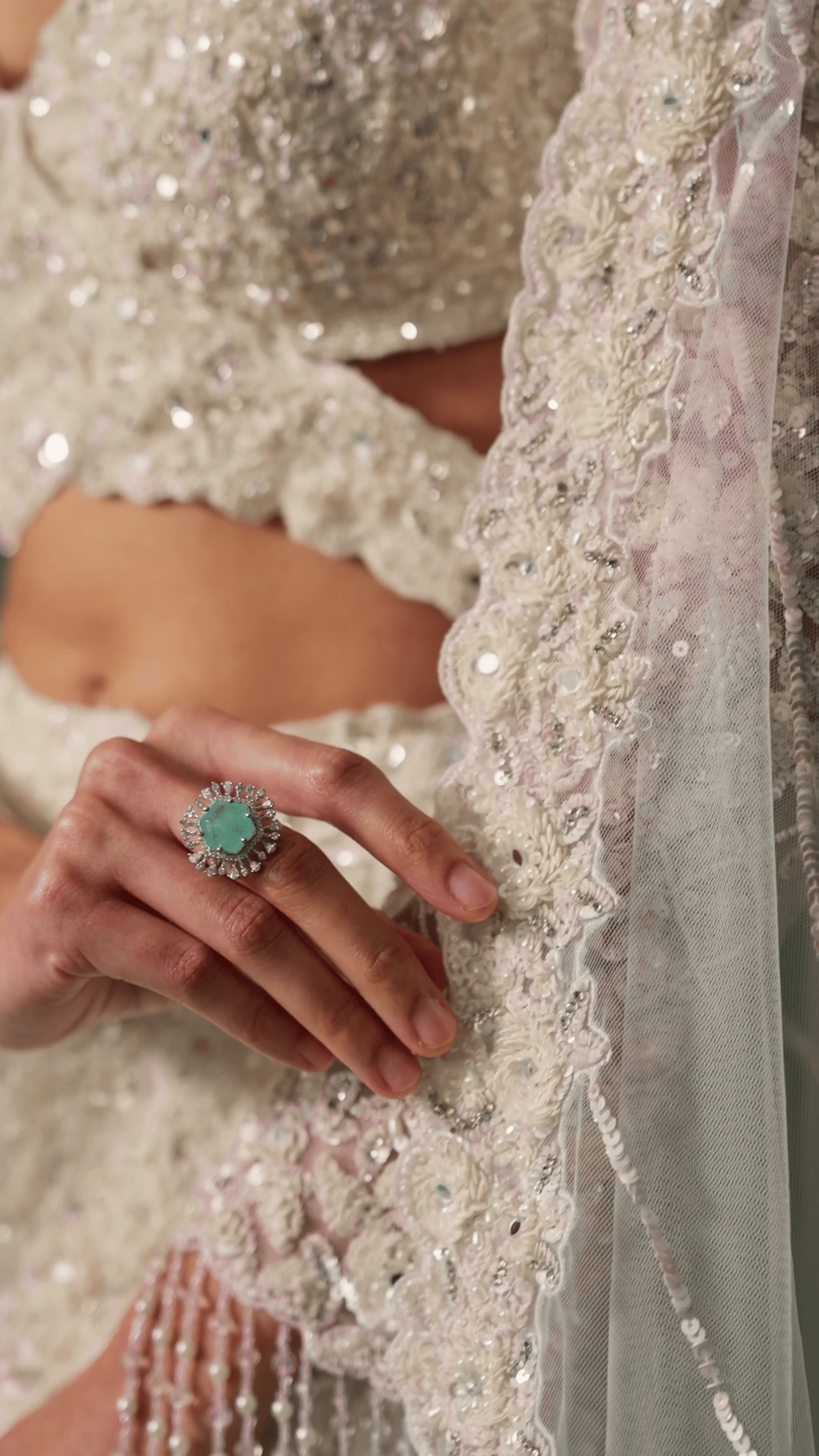 Ivory Embellished Net Mermaid Bridal Lehenga (3-Piece) - Image 3