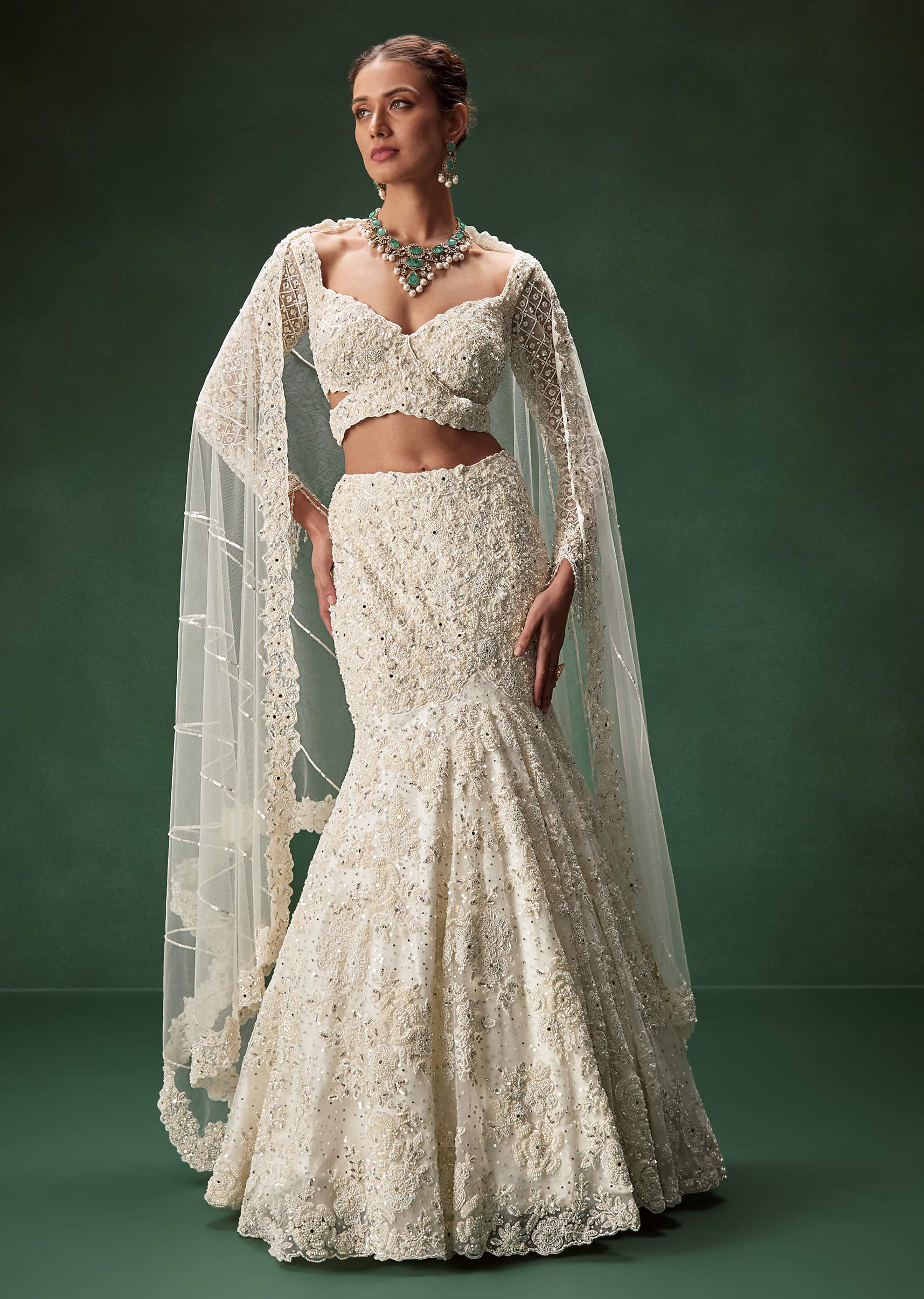 Ivory Embellished Net Mermaid Bridal Lehenga (3-Piece) - Image 5