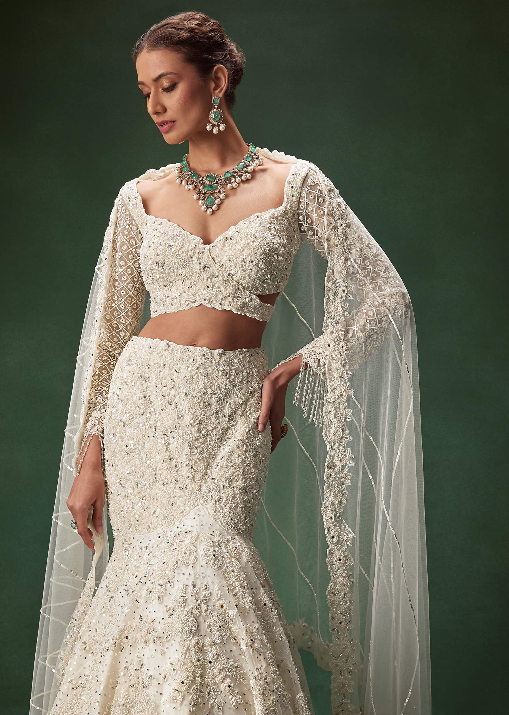 Ivory Embellished Net Mermaid Bridal Lehenga (3-Piece) - Image 6