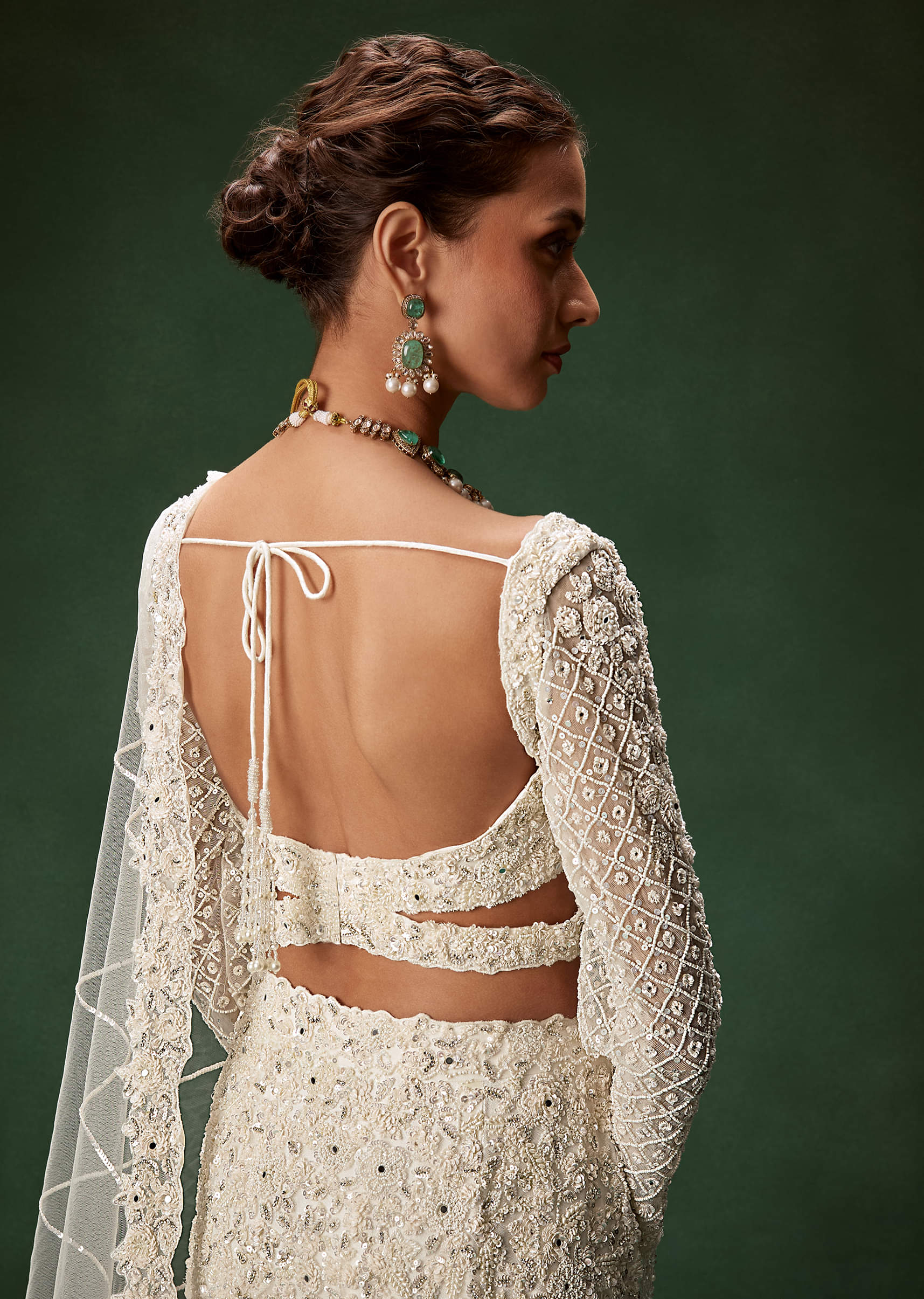 Ivory Embellished Net Mermaid Bridal Lehenga (3-Piece) - Image 7