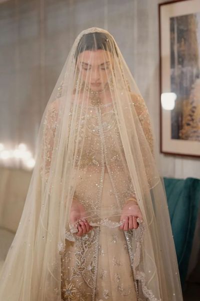 Pakistani Ivory Embellished Net Bridal Lehenga (3-Piece) - Image 1