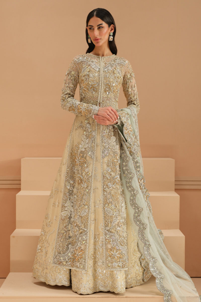 Pakistani Ivory Embellished Net Bridal Lehenga (3-Piece) - Image 6