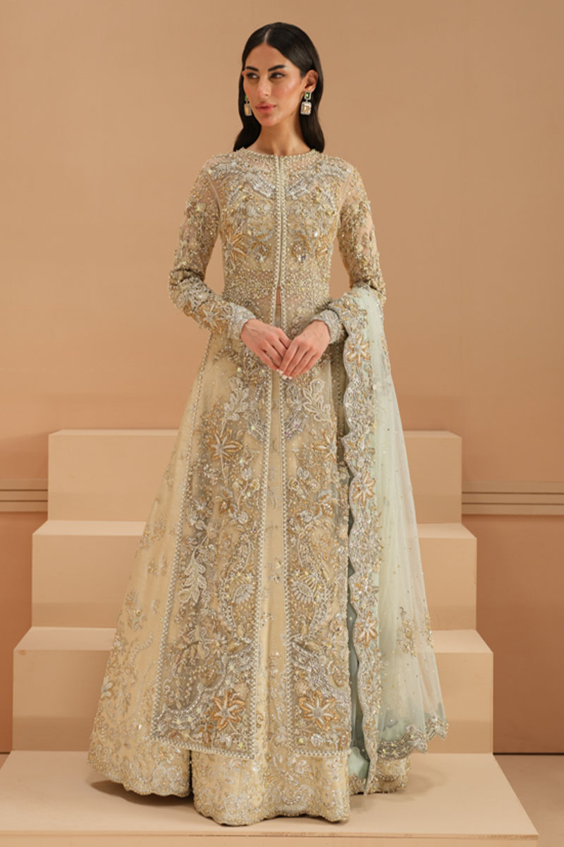 Pakistani Ivory Embellished Net Bridal Lehenga (3-Piece) - Image 7