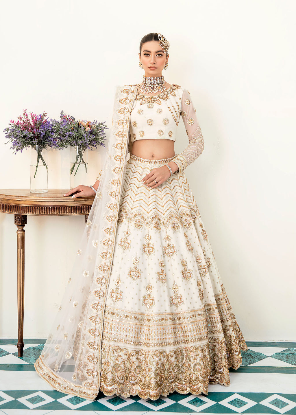 Pakistani Ivory Hand-Embellished Net Lehenga (3-Piece) - Image 1