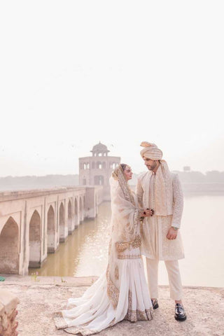 Ivory Gold Embroidered Net Bridal Lehenga (3-Piece) - Image 3