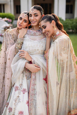 Off-White & Coral Peach Embellished Net Lehenga Choli (3-Piece) - Image 2