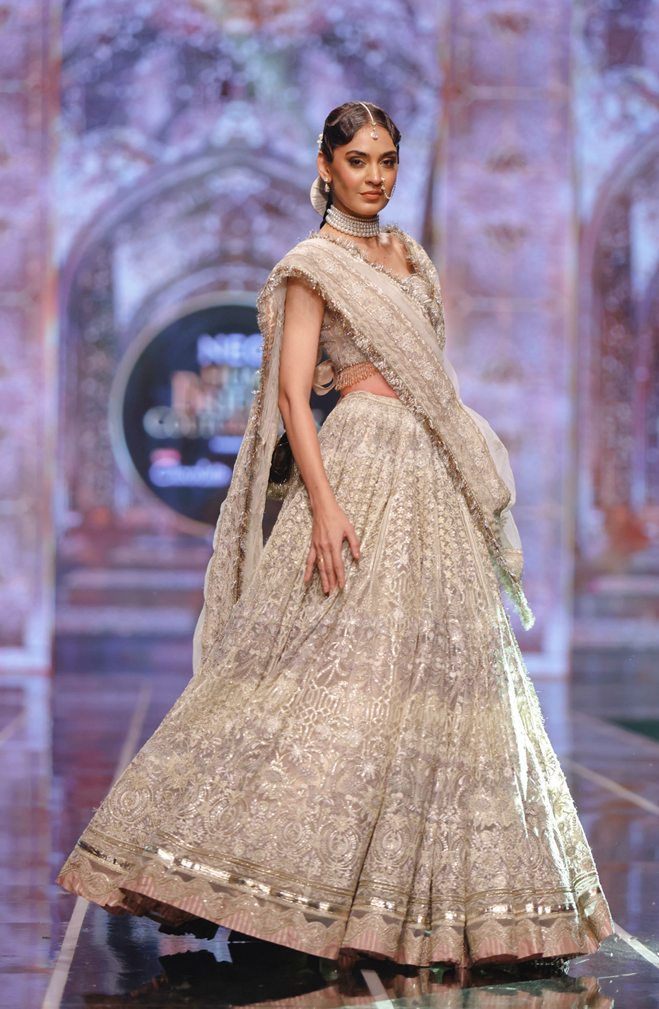 Pakistani Ivory Embroidered Net Lehenga Choli (3-Piece) - Image 3