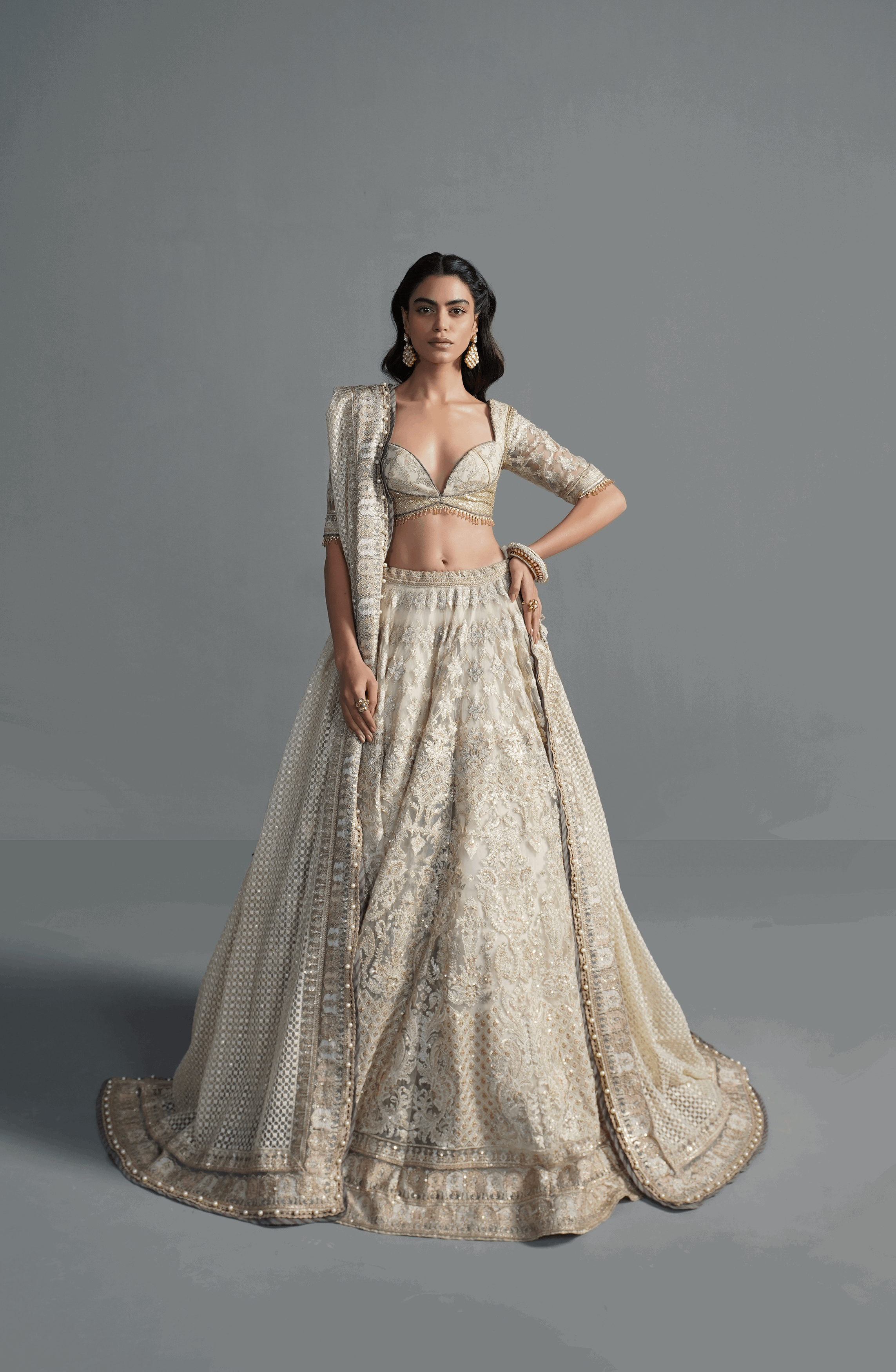 Ivory Embroidered Net Lehenga Choli (3-Piece) - Image 1