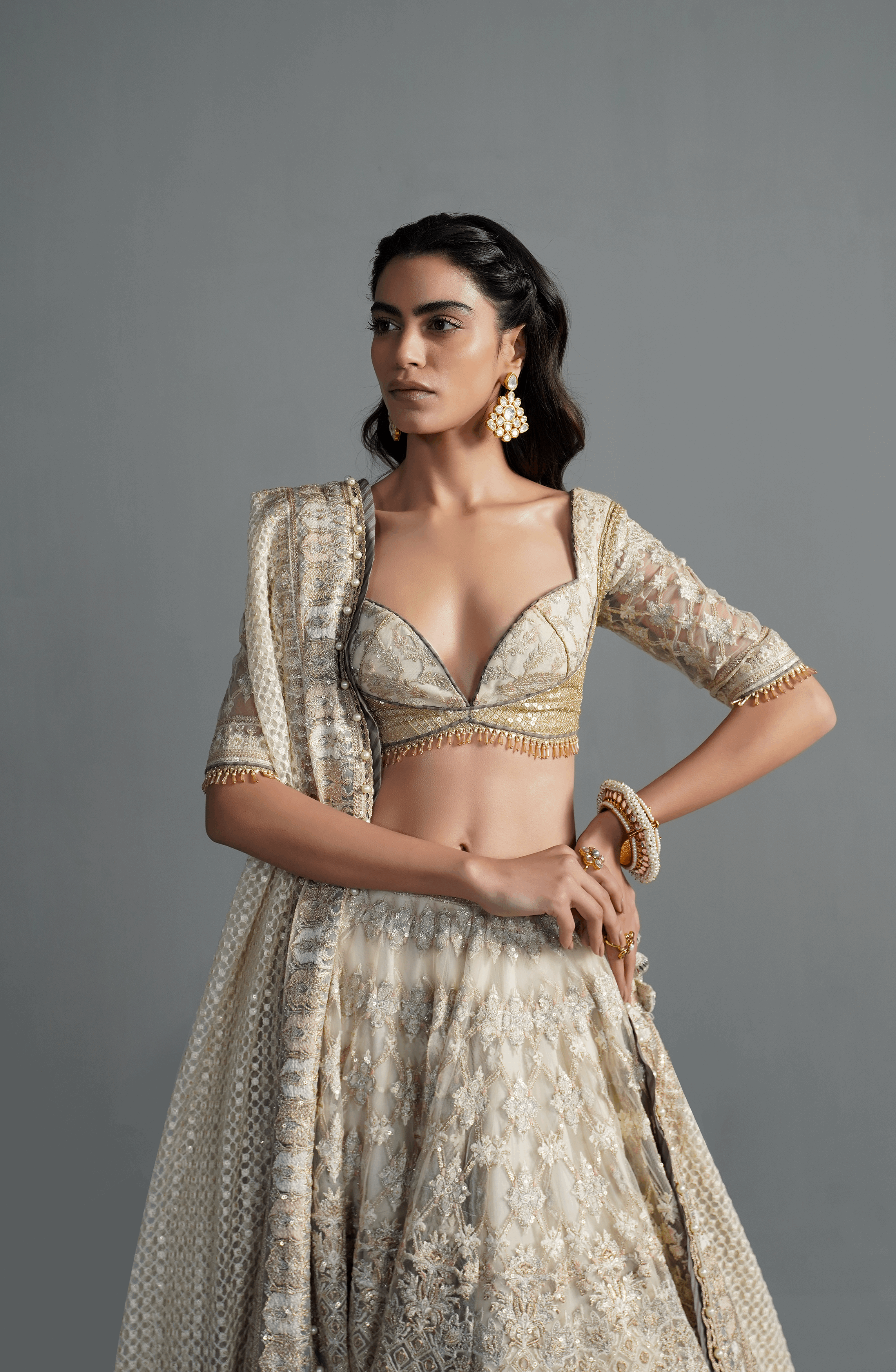 Ivory Embroidered Net Lehenga Choli (3-Piece) - Image 2