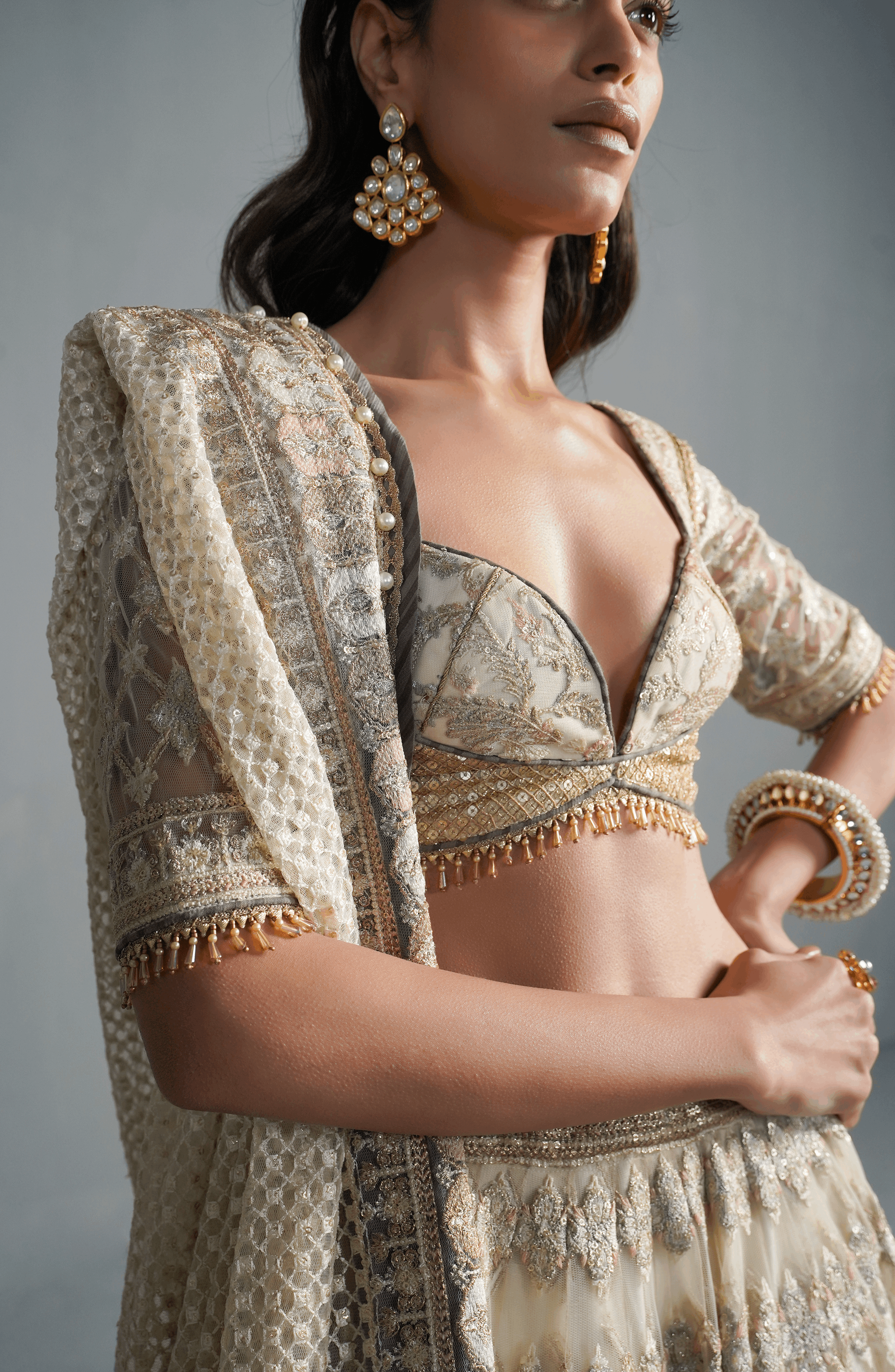 Ivory Embroidered Net Lehenga Choli (3-Piece) - Image 3