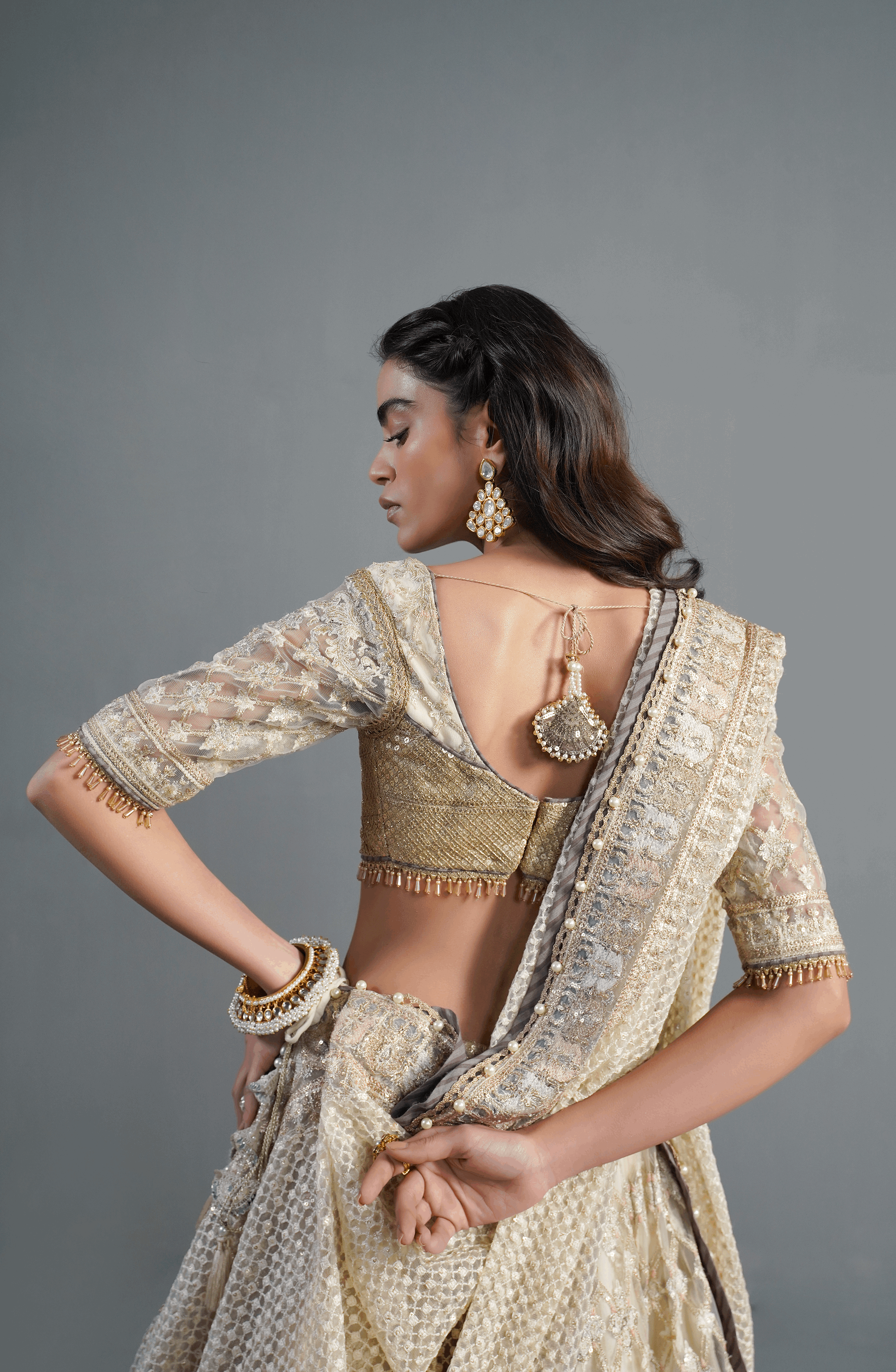 Ivory Embroidered Net Lehenga Choli (3-Piece) - Image 5