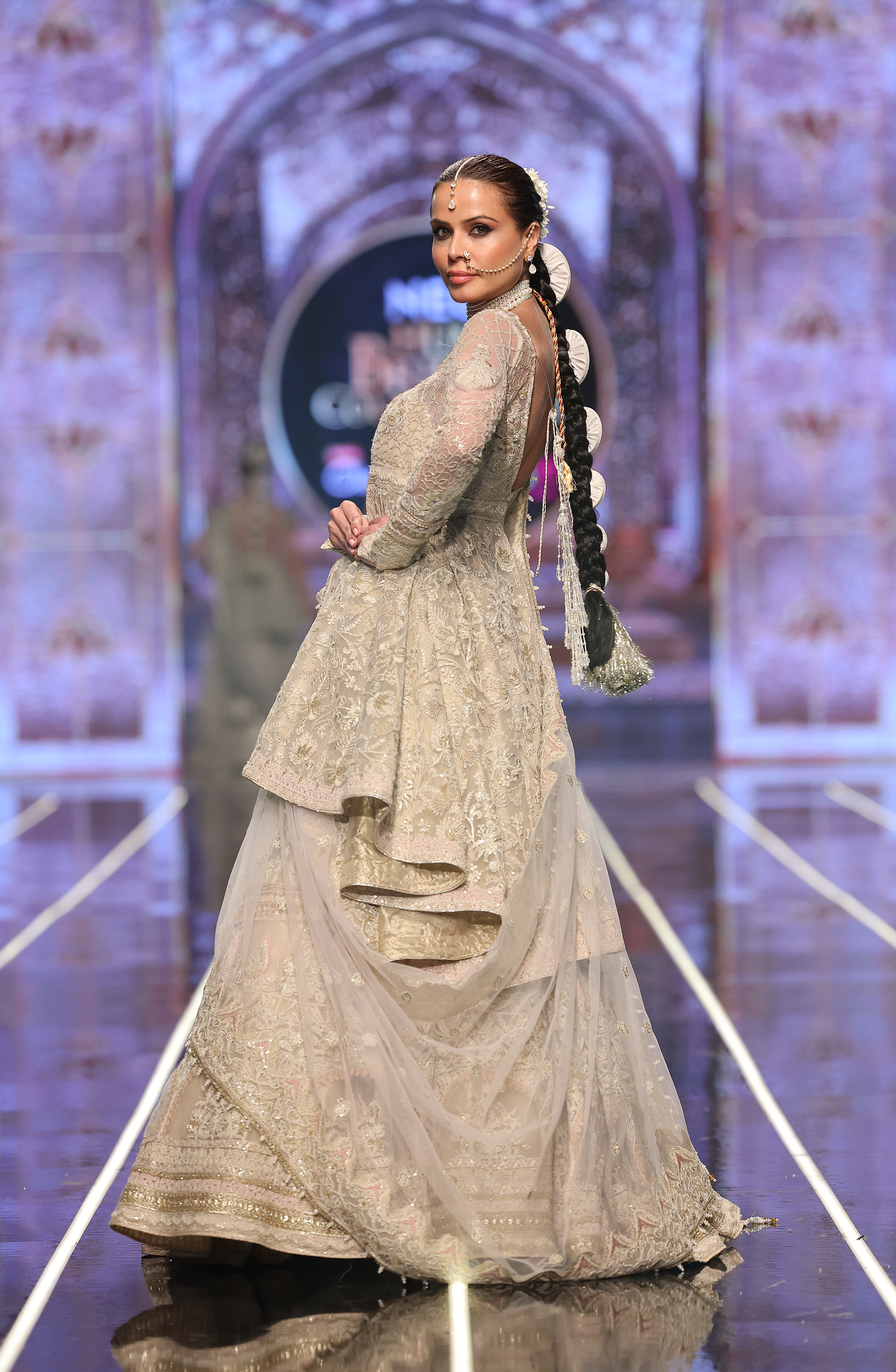 Pakistani Ivory Embroidered Net Peplum Lehenga (3-Piece) - Image 2