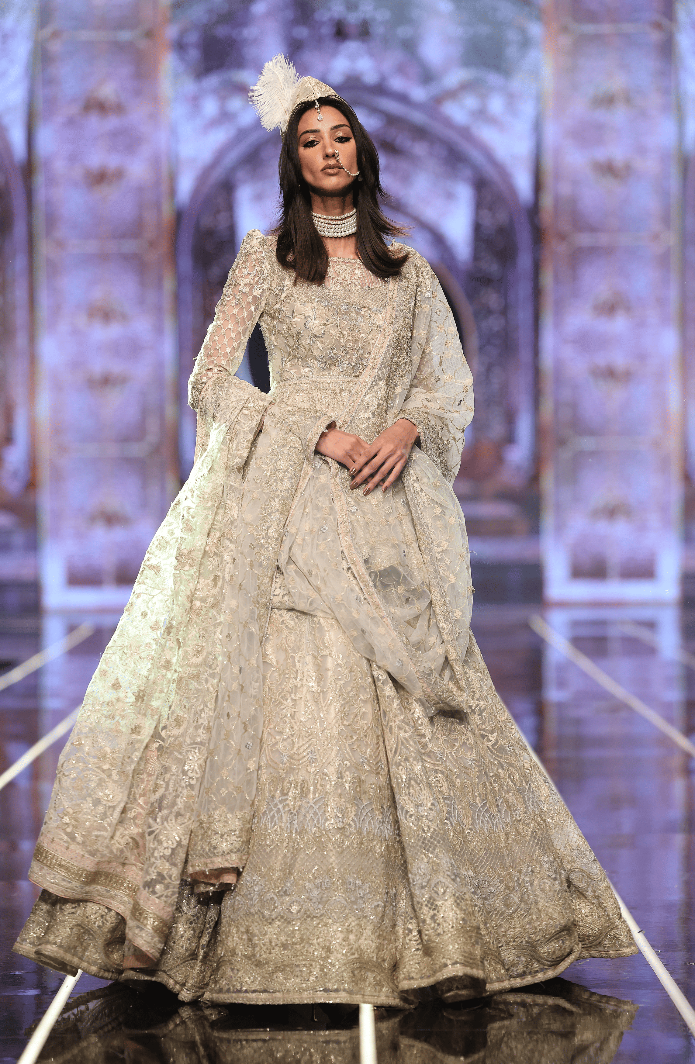 Pakistani Ivory Embroidered Net Peplum Lehenga (3-Piece) - Image 1