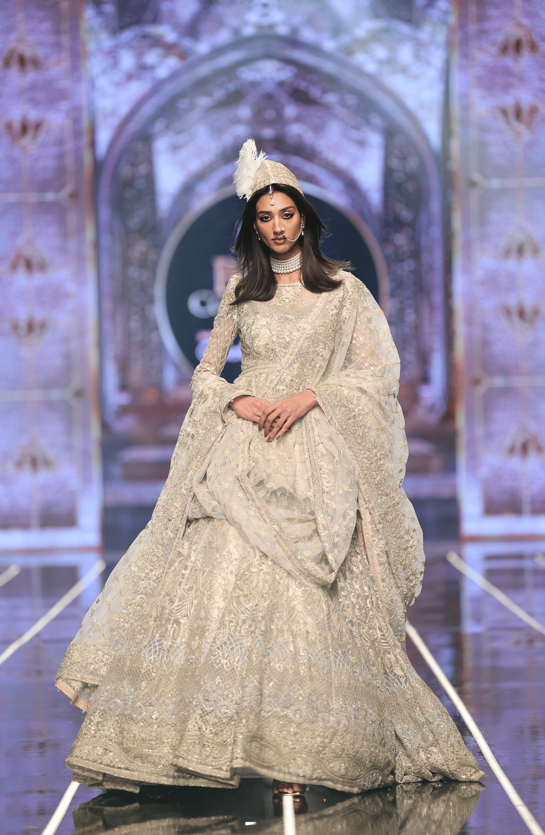 Pakistani Ivory Embroidered Net Peplum Lehenga (3-Piece) - Image 2