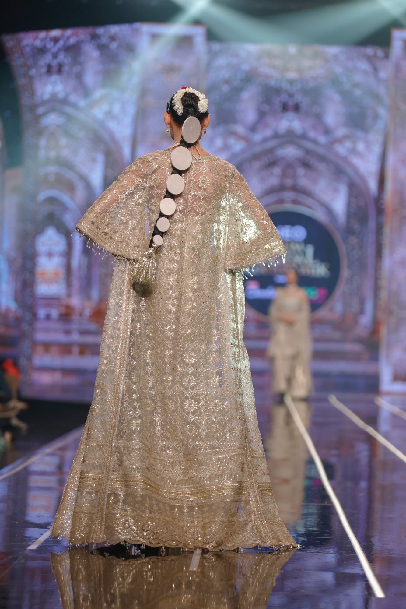 Ivory Embroidered Net Lehenga Ensemble (3-Piece) - Image 4