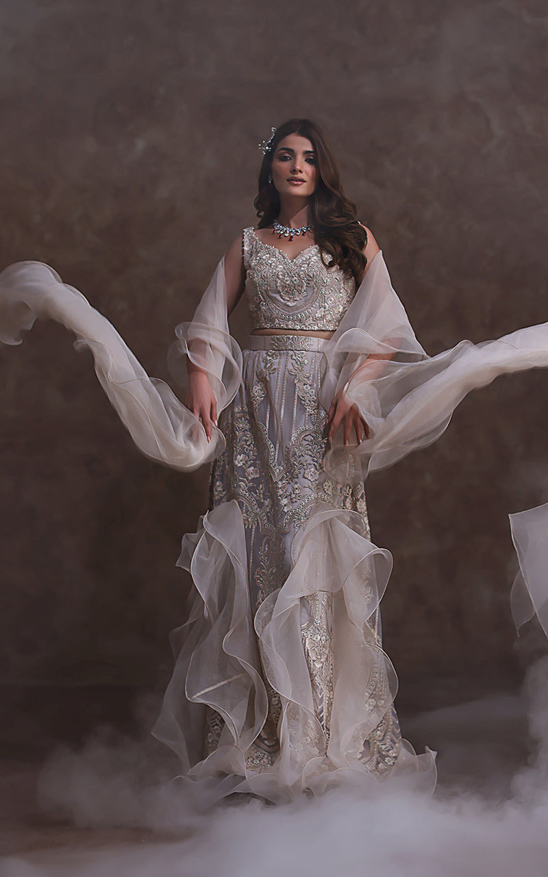 Ivory Embroidered Net Lehenga Set (3-Piece) - Image 1