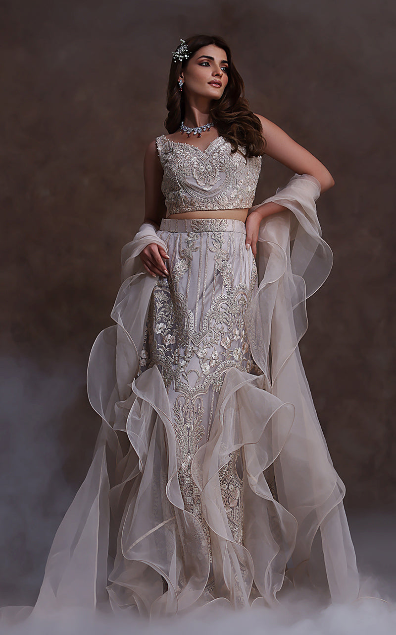 Ivory Embroidered Net Lehenga Set (3-Piece) - Image 3