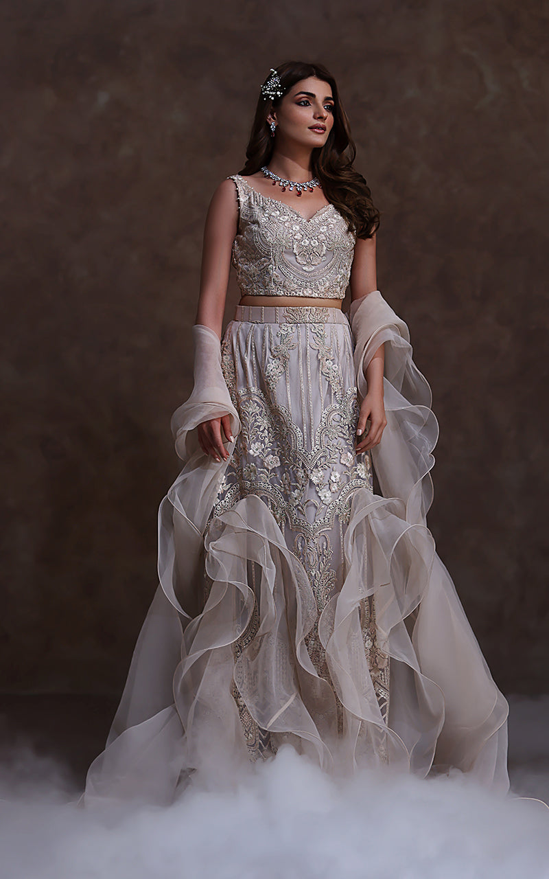 Ivory Embroidered Net Lehenga Set (3-Piece) - Image 4