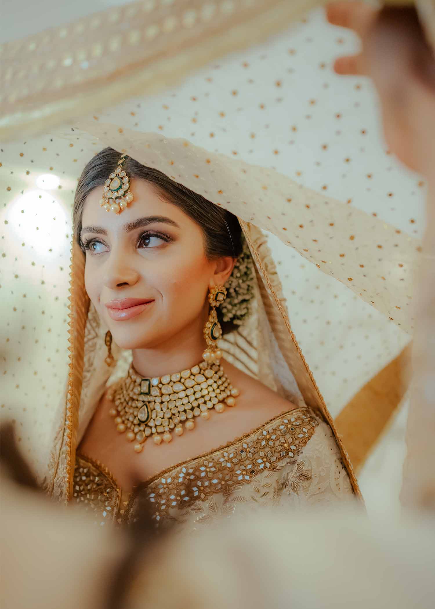 Pakistani Ivory Mukaish & Sheesha Net Bridal Lehenga (3-Piece) - Image 3