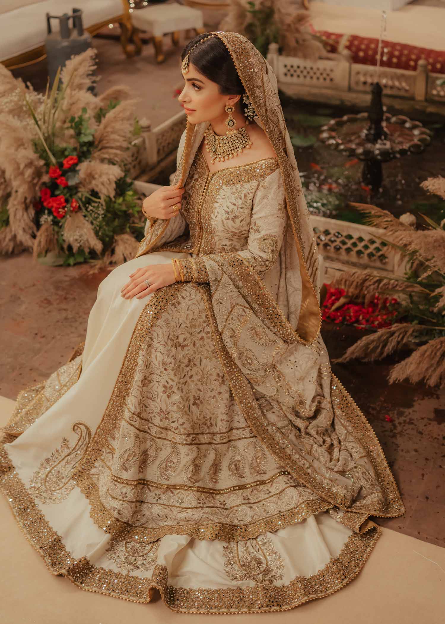 Pakistani Ivory Mukaish & Sheesha Net Bridal Lehenga (3-Piece) - Image 5