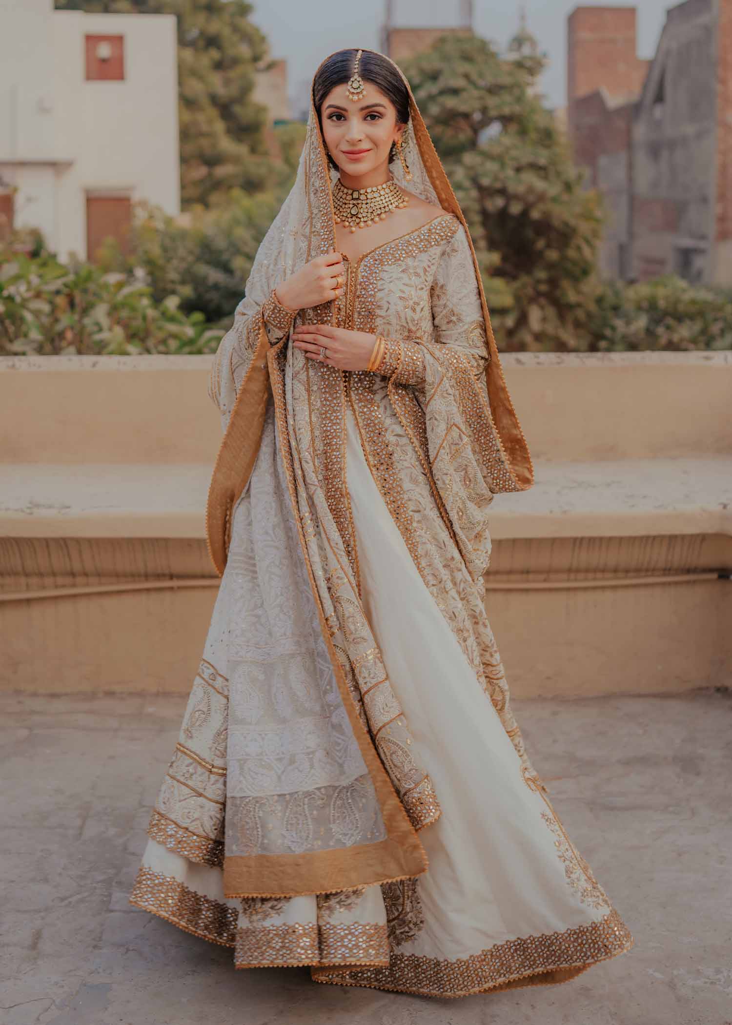 Pakistani Ivory Mukaish & Sheesha Net Bridal Lehenga (3-Piece) - Image 6