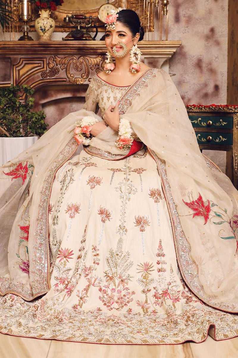 Pakistani Ivory Floral Embroidered Net Lehenga (3-Piece) - Image 1