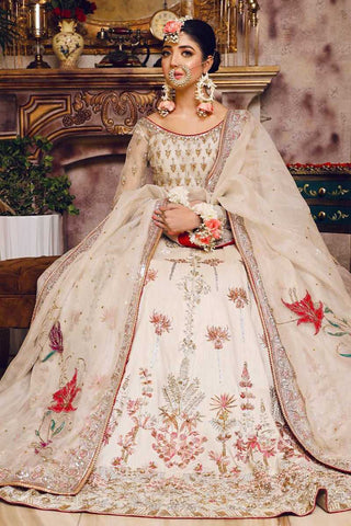Pakistani Ivory Floral Embroidered Net Lehenga (3-Piece) - Image 3