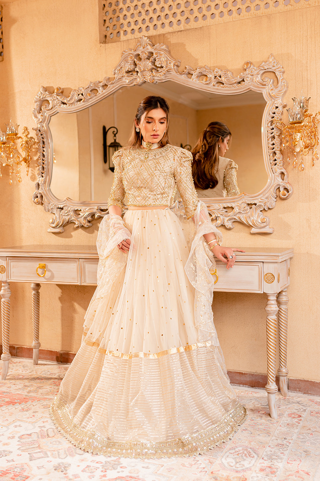 Ivory Hand-Embellished Net Organza Lehenga (3-Piece) - Image 1
