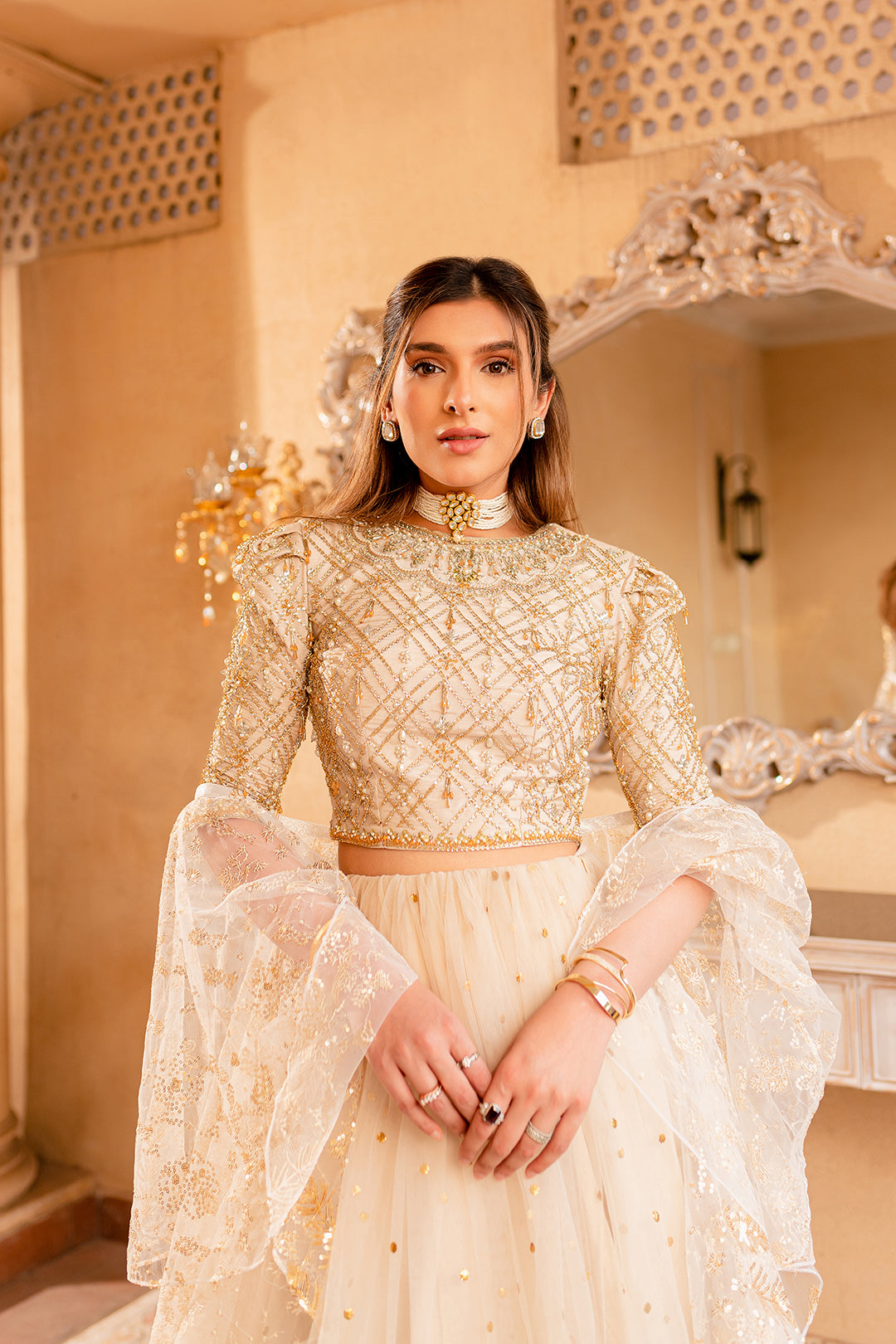 Ivory Hand-Embellished Net Organza Lehenga (3-Piece) - Image 2