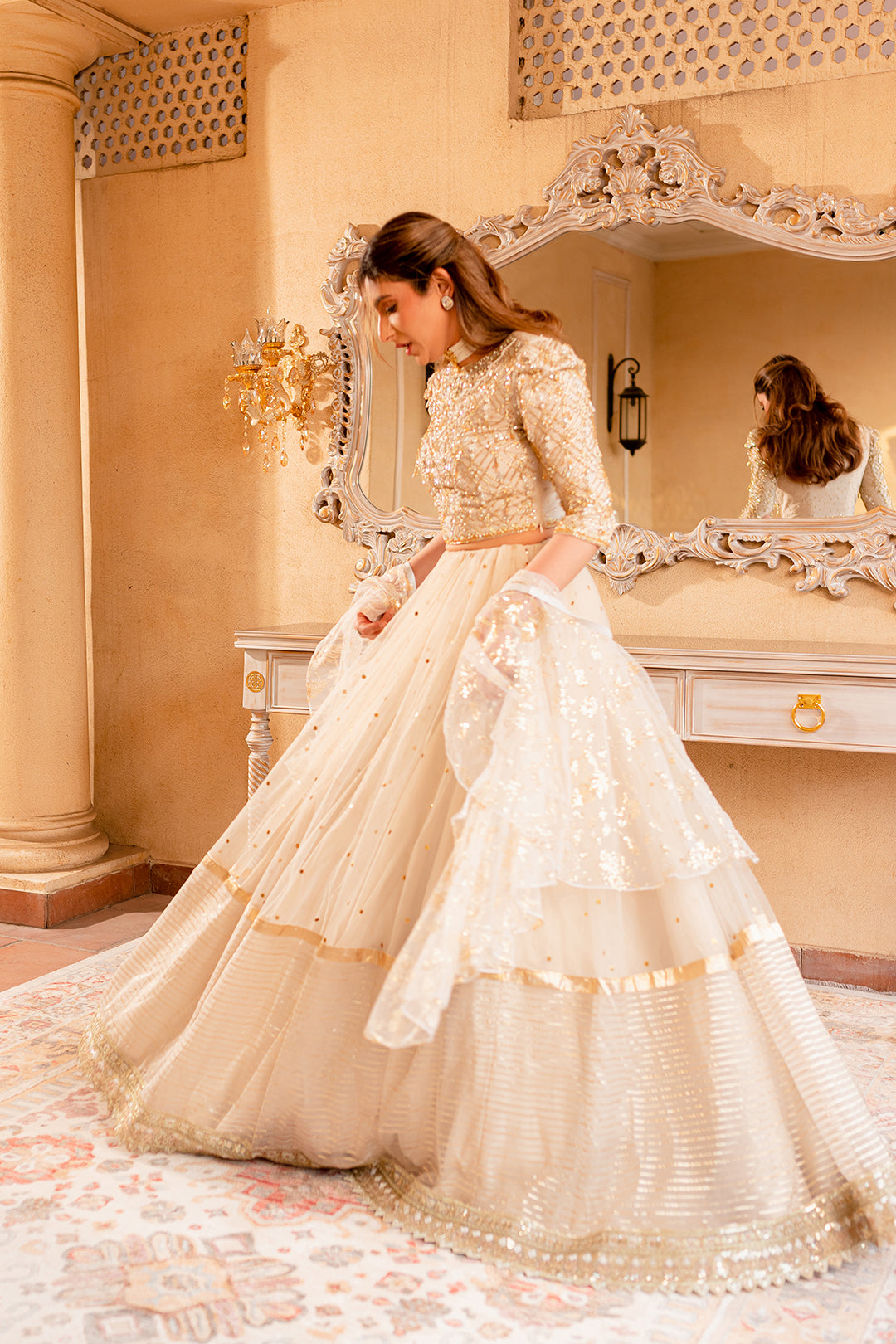 Ivory Hand-Embellished Net Organza Lehenga (3-Piece) - Image 3