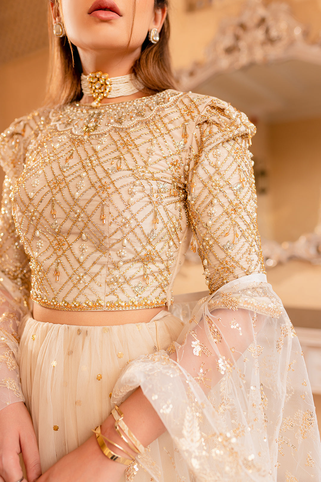 Ivory Hand-Embellished Net Organza Lehenga (3-Piece) - Image 4