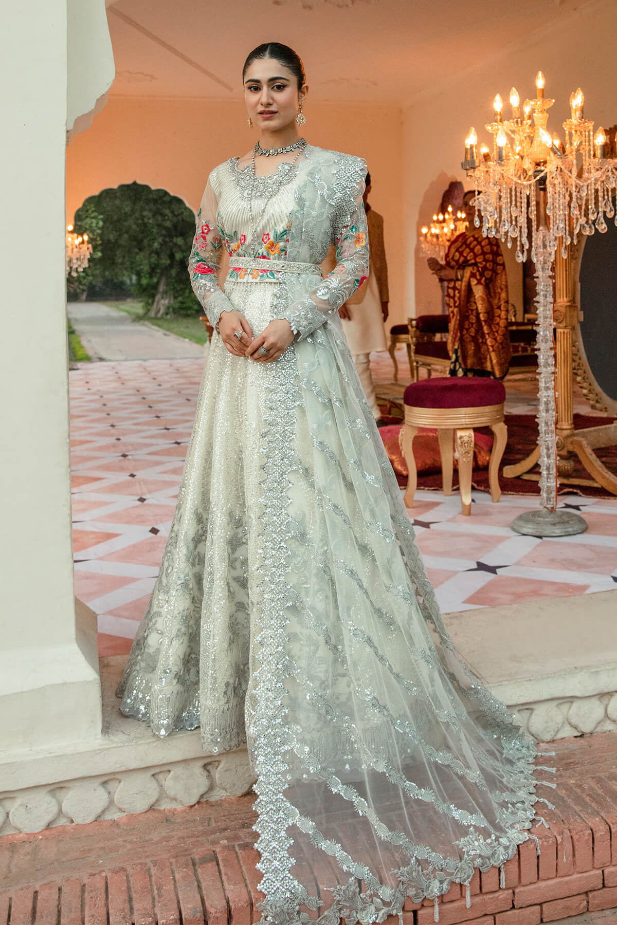 Pakistani Ivory Hand-Embellished Net & Organza Lehenga (3-Piece) - Image 1