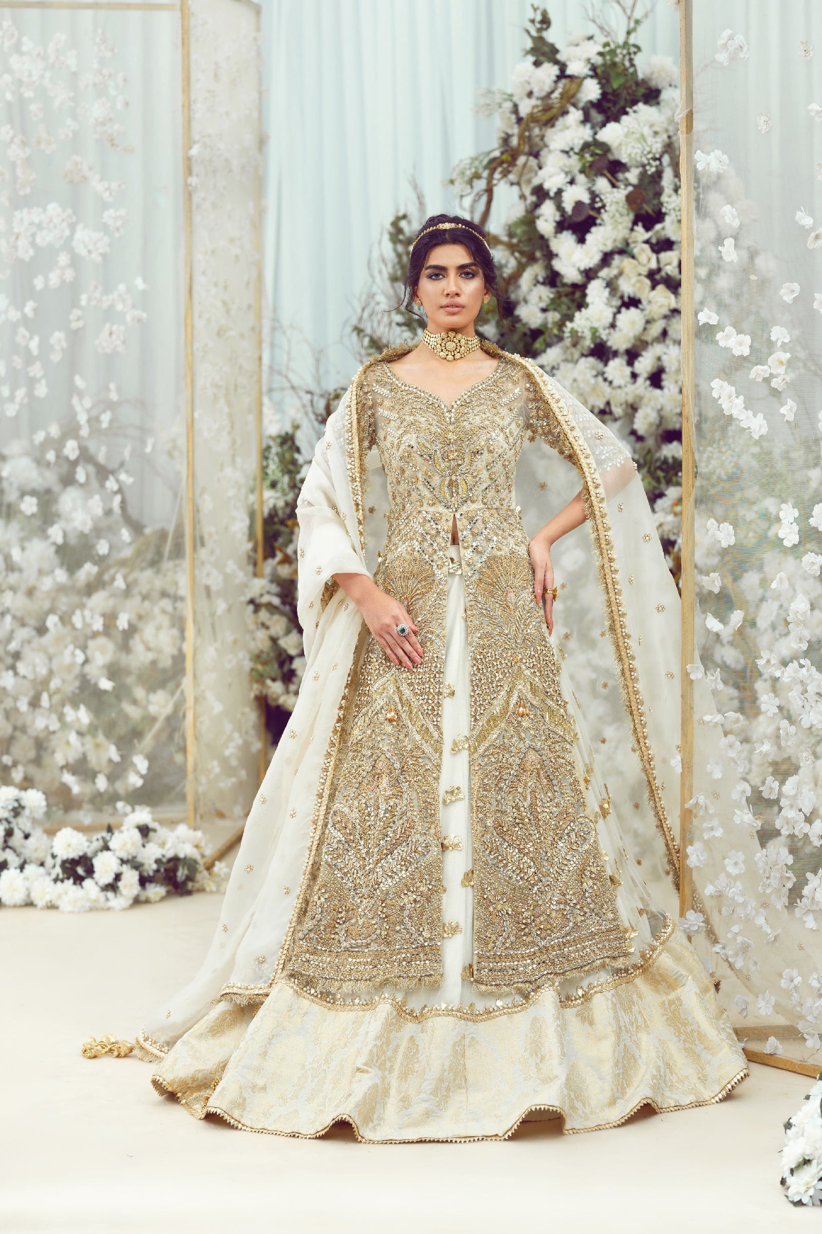 Ivory Zardozi Net & Organza Bridal Lehenga (3-Piece) - Image 1
