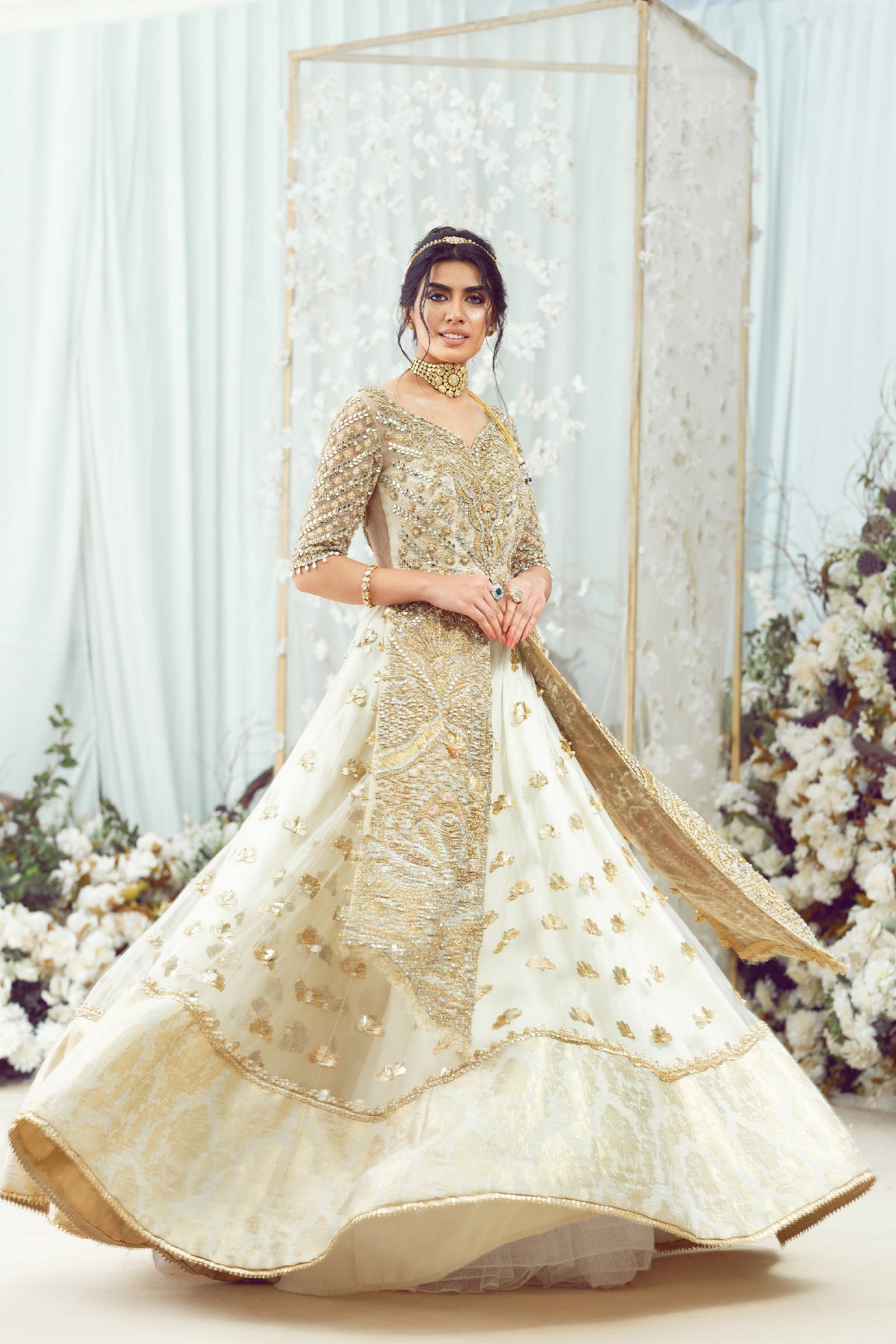 Ivory Zardozi Net & Organza Bridal Lehenga (3-Piece) - Image 2
