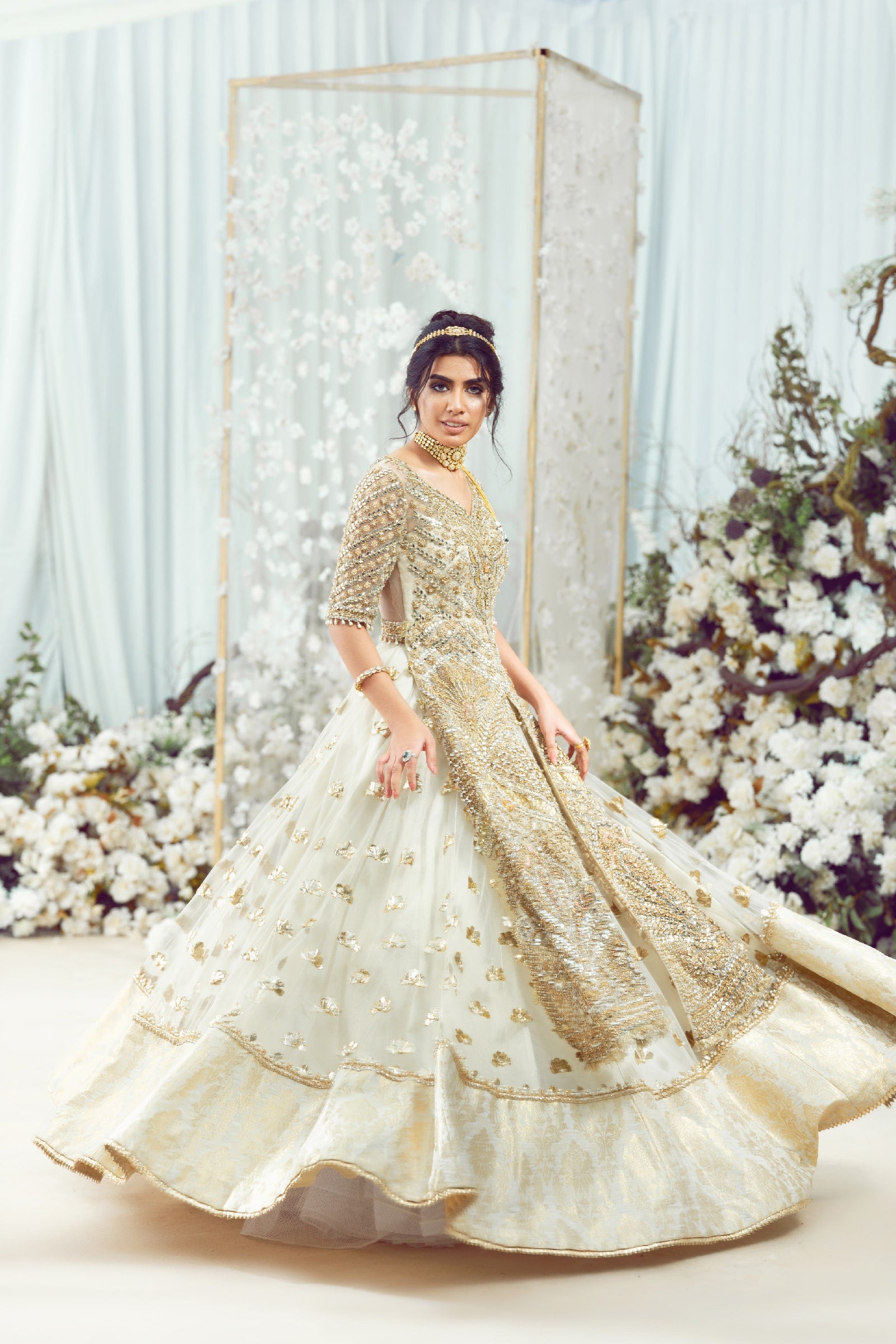 Ivory Zardozi Net & Organza Bridal Lehenga (3-Piece) - Image 3