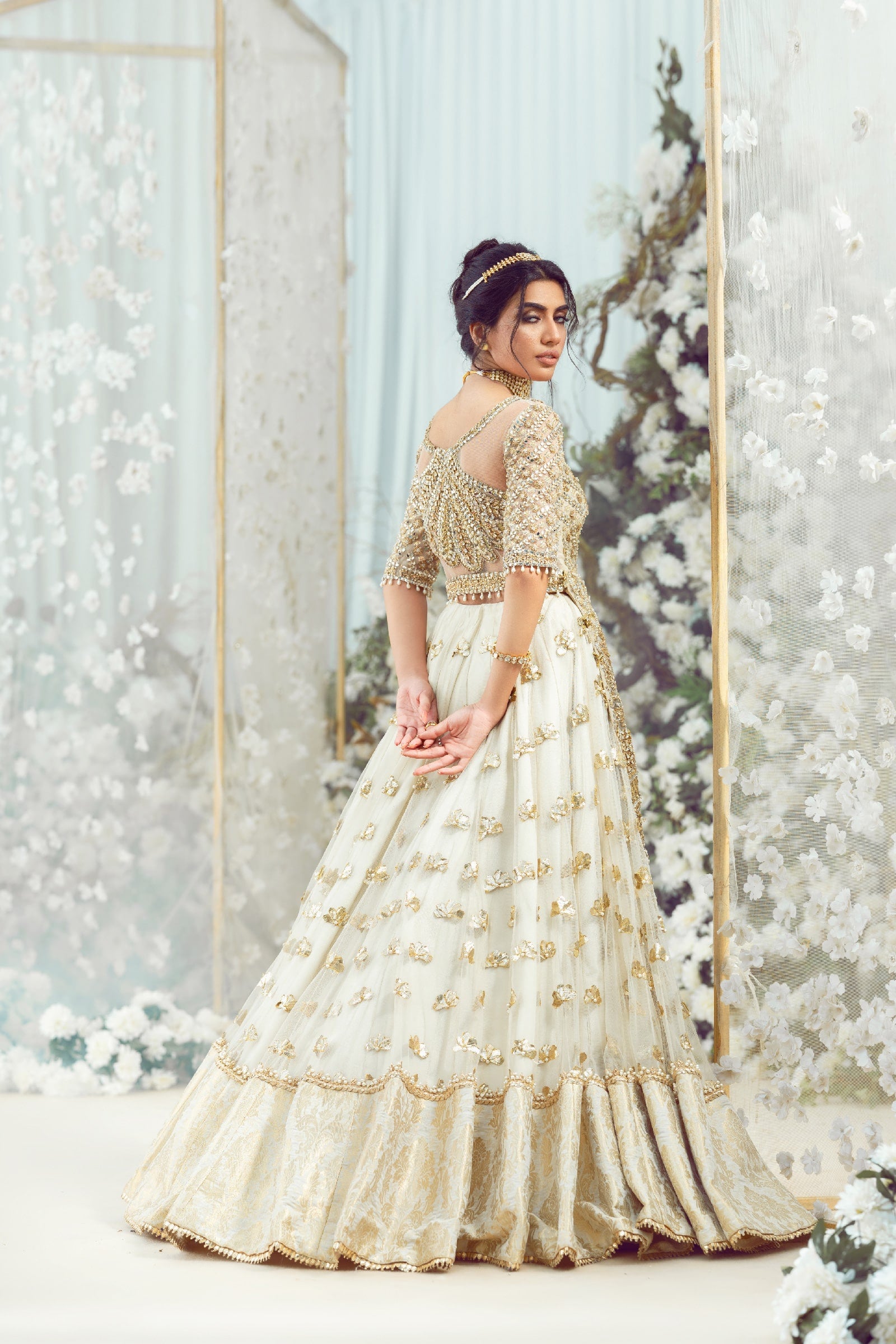 Ivory Zardozi Net & Organza Bridal Lehenga (3-Piece) - Image 6