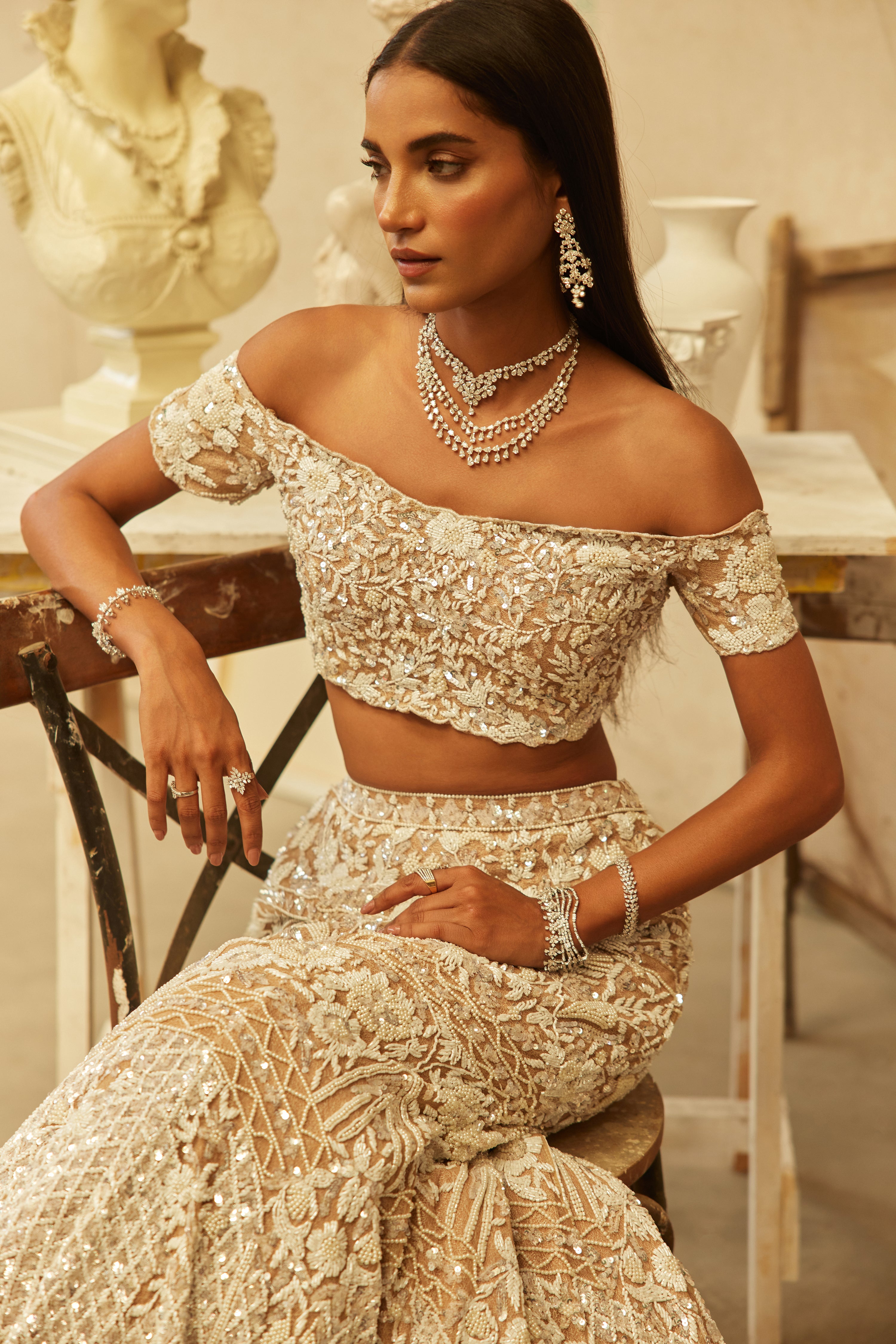 Ivory Hand-Embroidered Net & Lycra Mermaid Lehenga (3-Piece) - Image 11
