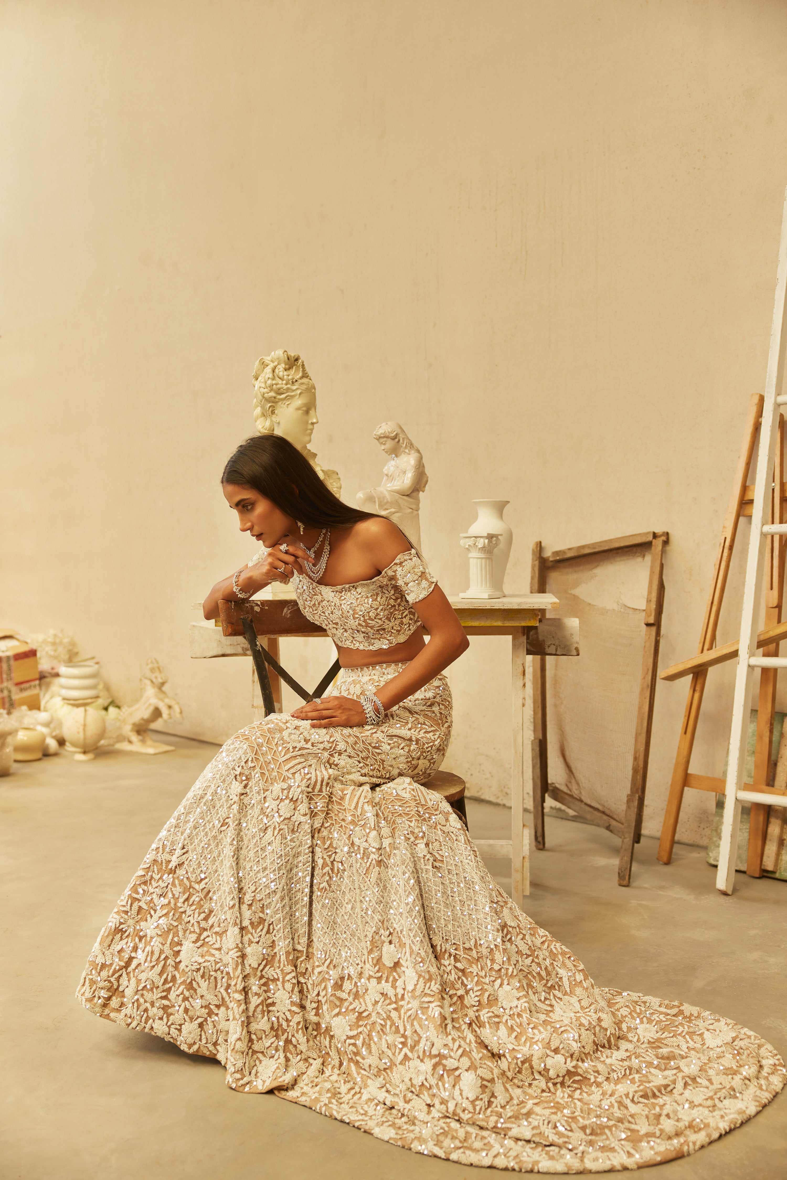 Ivory Hand-Embroidered Net & Lycra Mermaid Lehenga (3-Piece) - Image 12