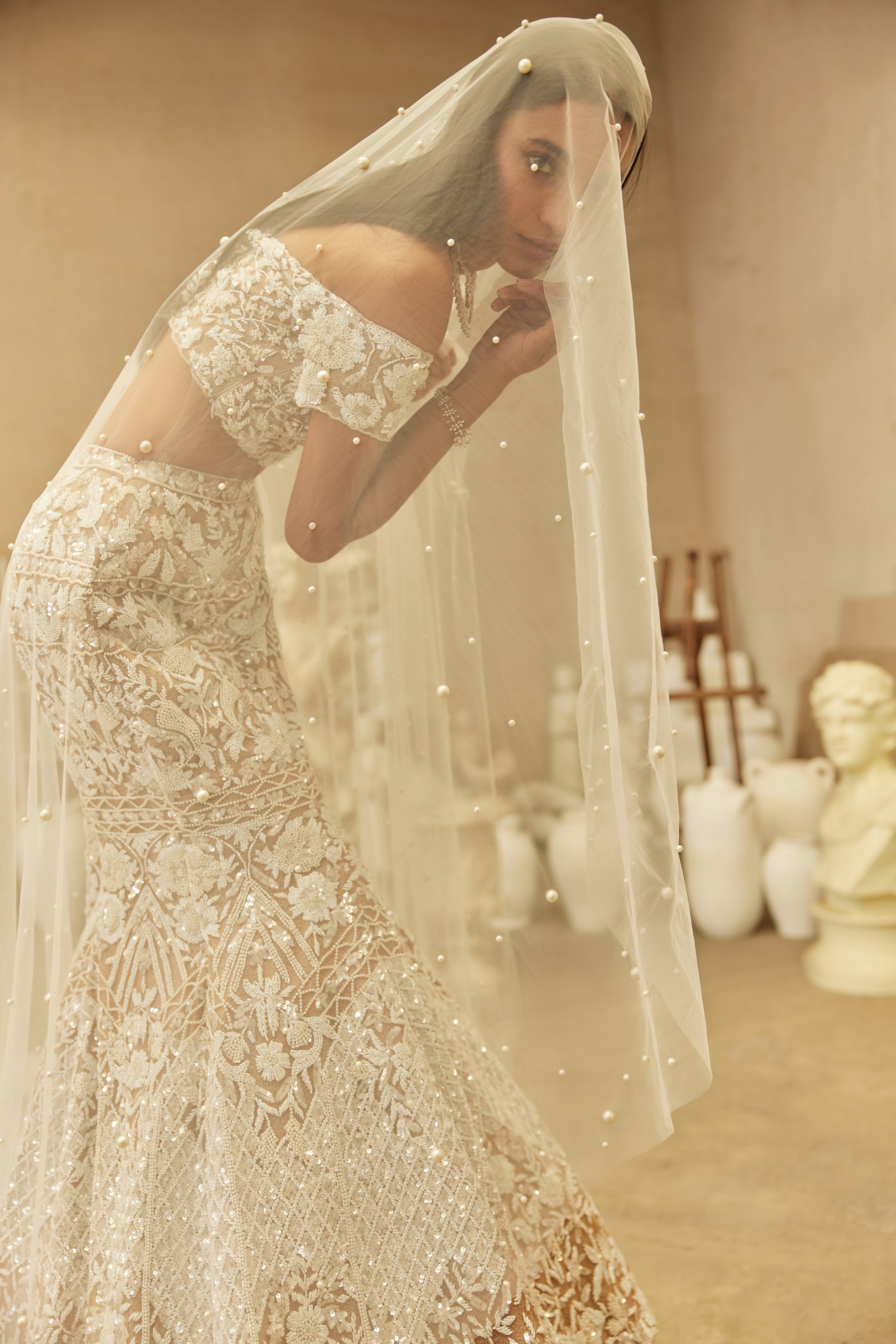Ivory Hand-Embroidered Net & Lycra Mermaid Lehenga (3-Piece) - Image 2