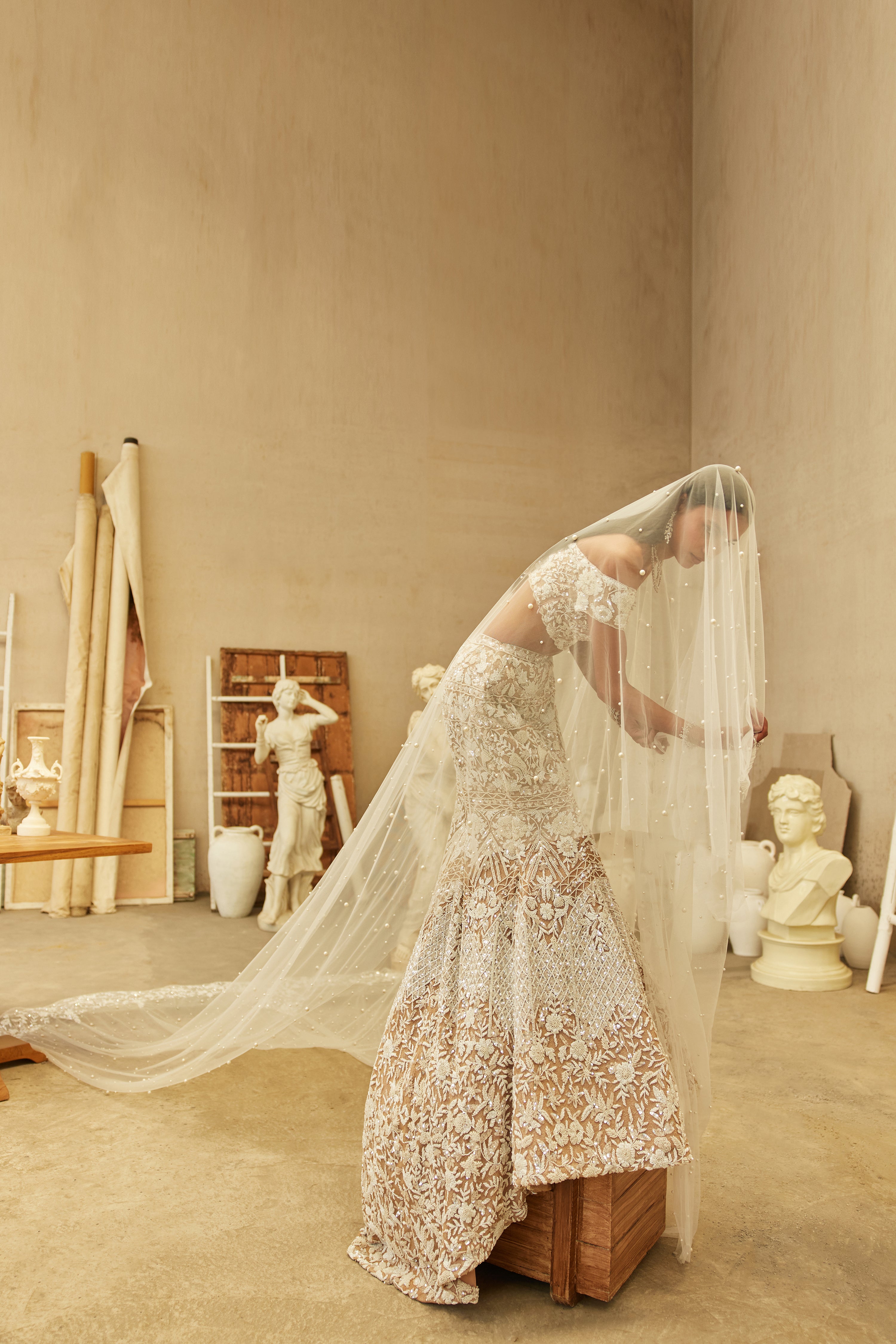 Ivory Hand-Embroidered Net & Lycra Mermaid Lehenga (3-Piece) - Image 3