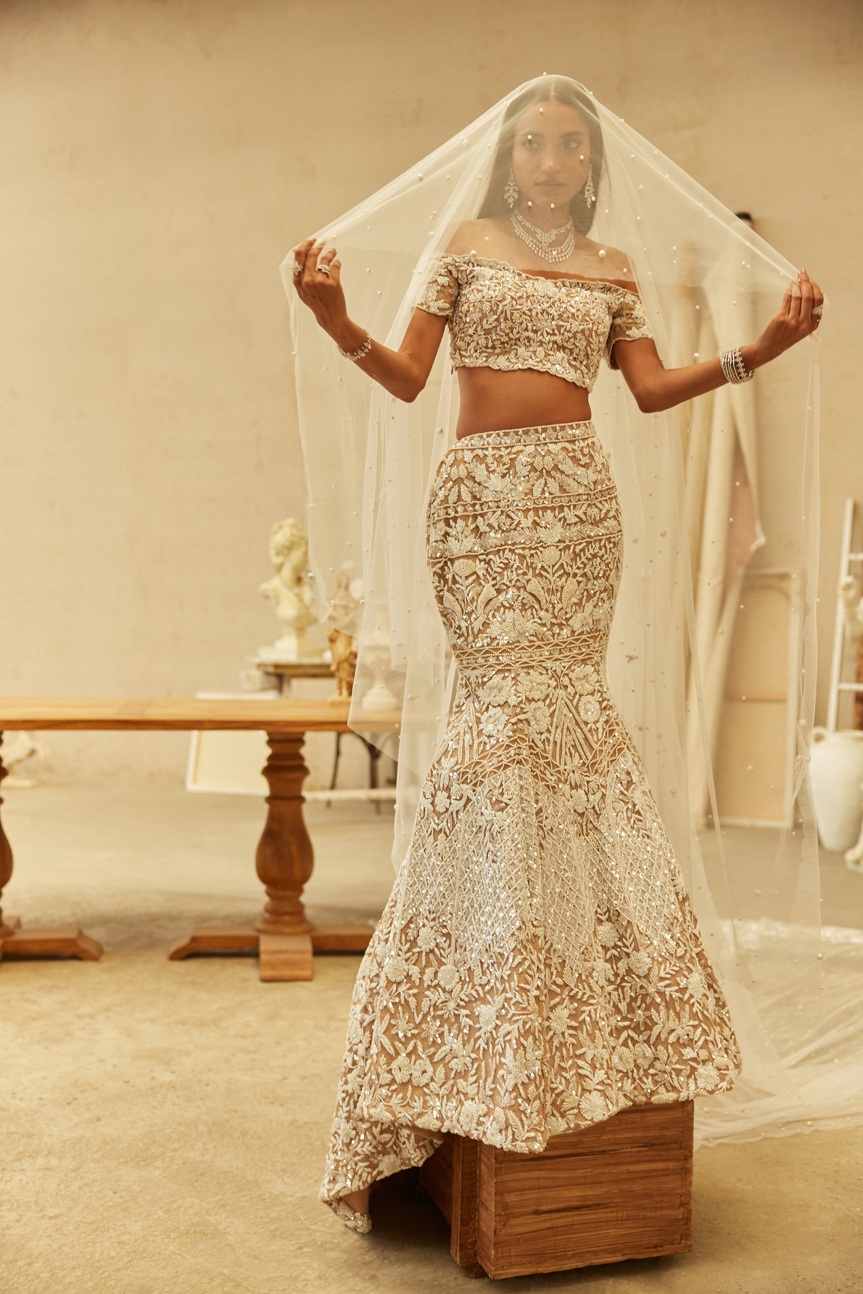 Ivory Hand-Embroidered Net & Lycra Mermaid Lehenga (3-Piece) - Image 5