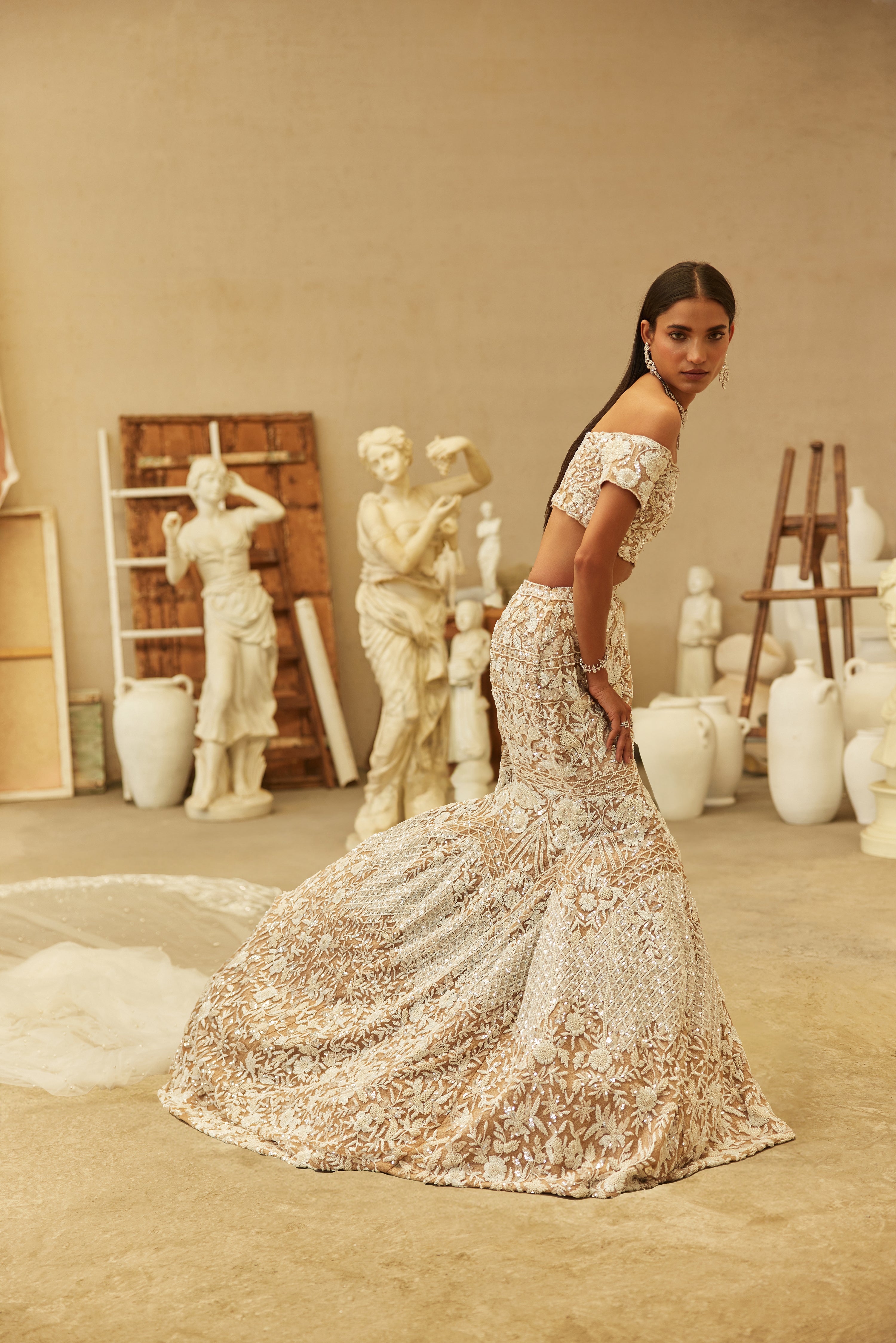 Ivory Hand-Embroidered Net & Lycra Mermaid Lehenga (3-Piece) - Image 6