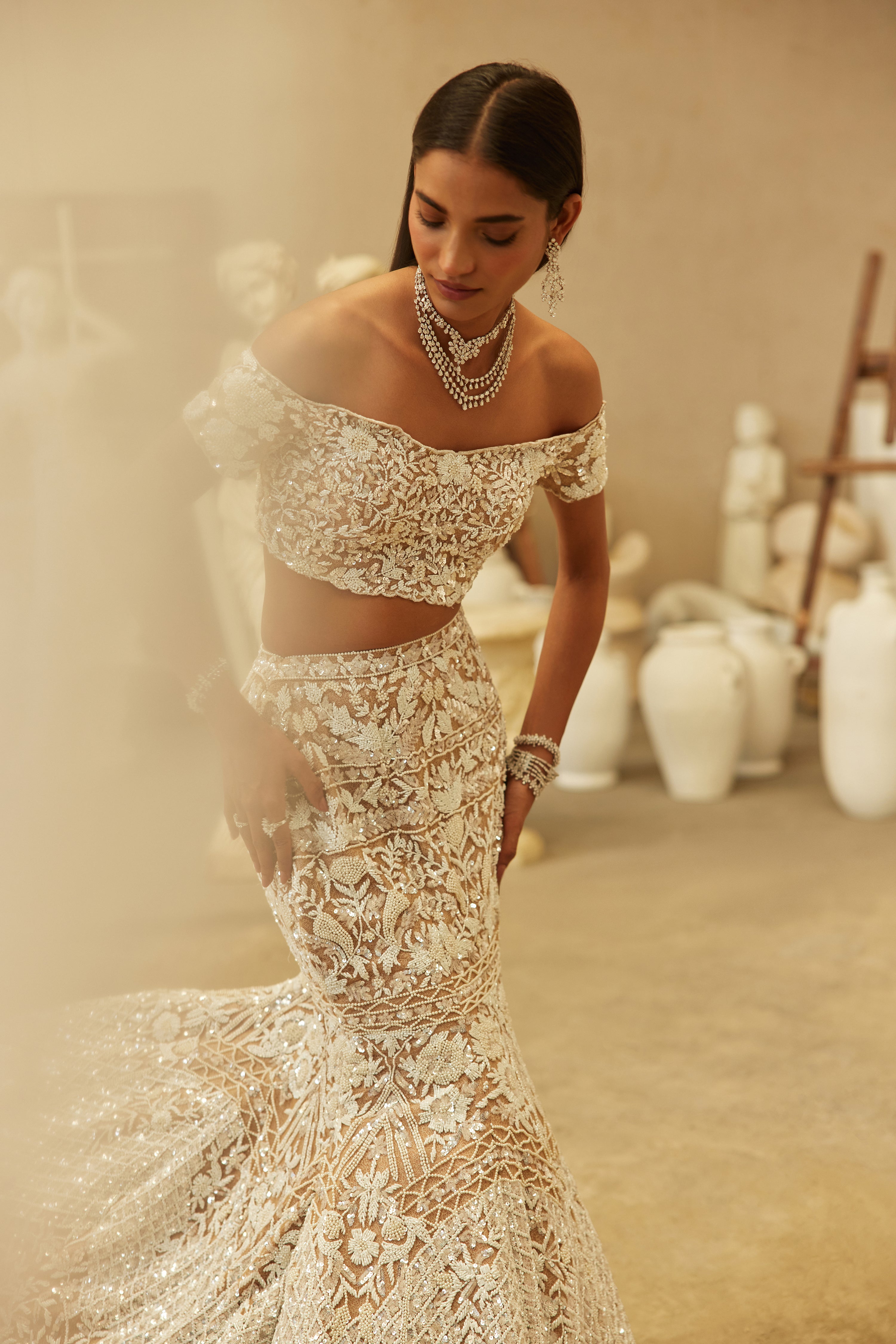 Ivory Hand-Embroidered Net & Lycra Mermaid Lehenga (3-Piece) - Image 7